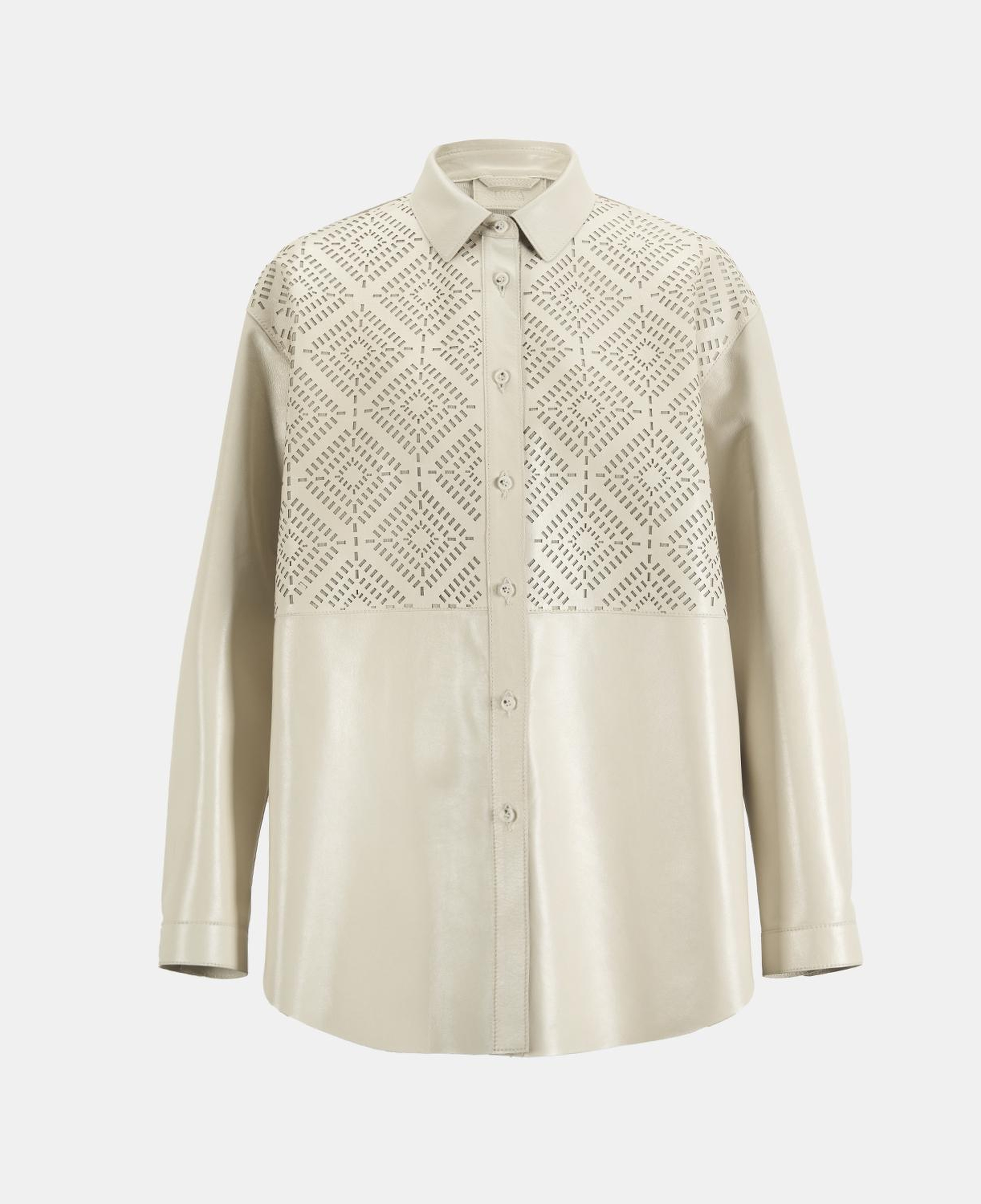 Kadın Beyaz Lazer Kesimli Geometrik Desenli Deri Gömlek