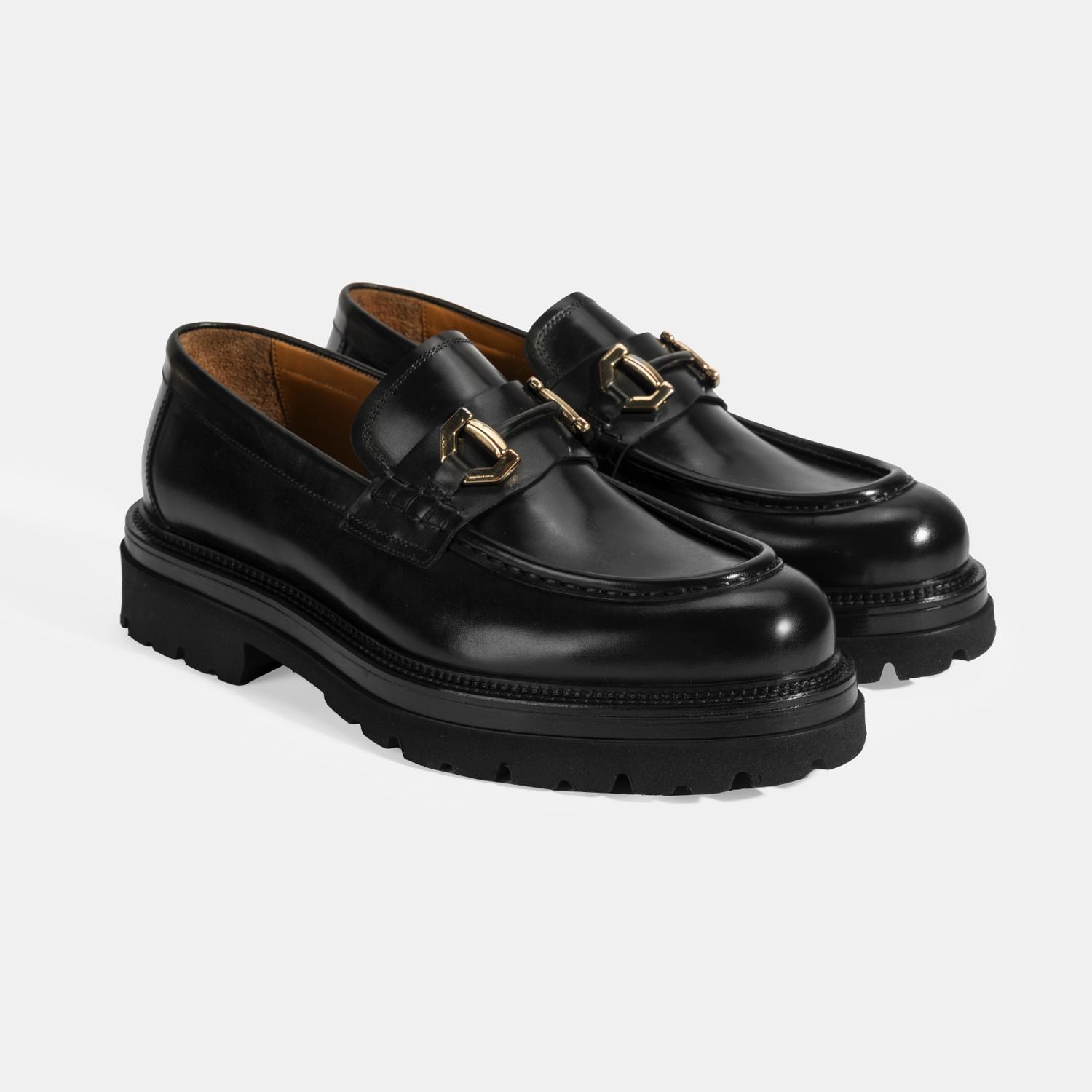 Erkek Siyah Metal Toka Detaylı Deri Loafer