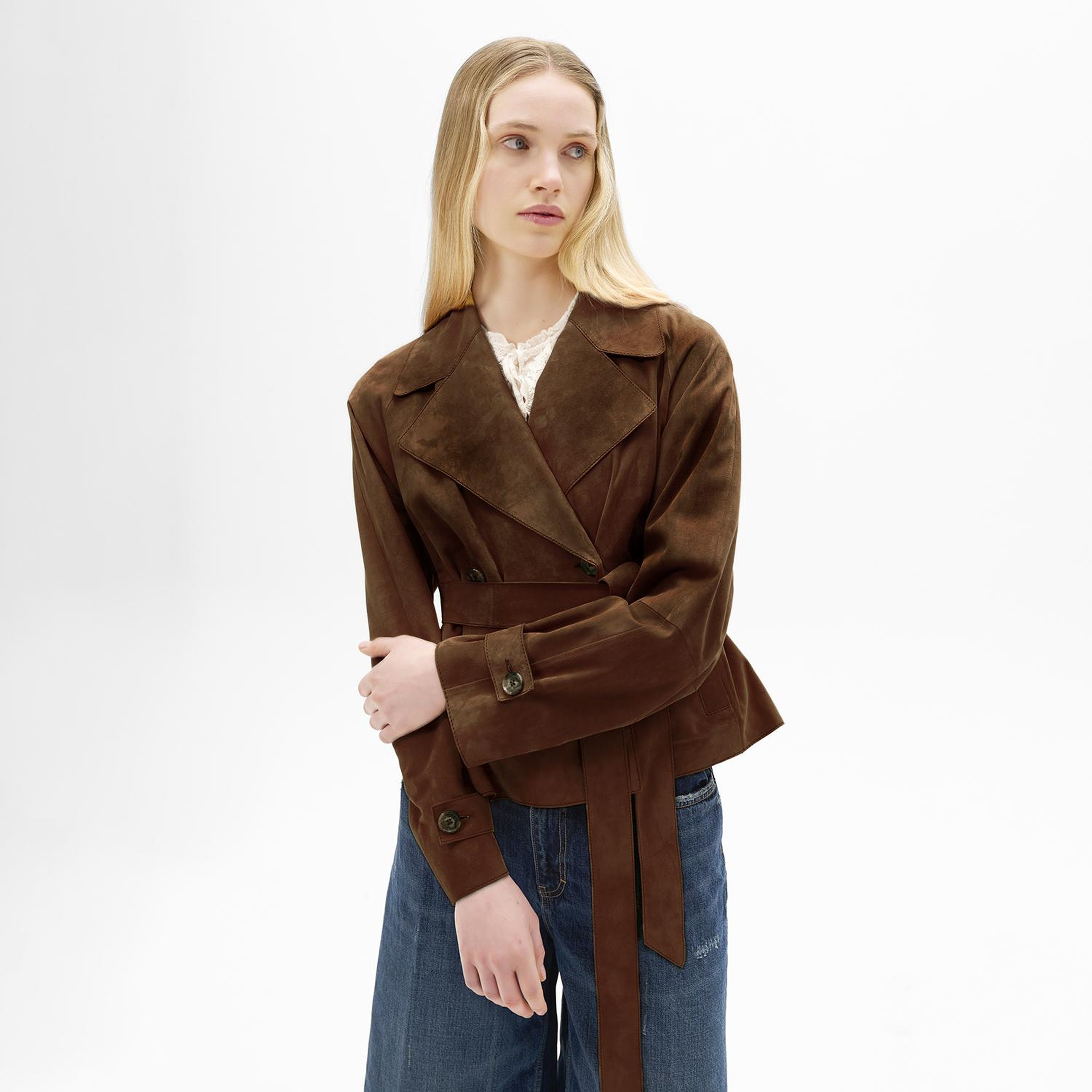 Limited Edition Kadın Taba Belden Bağlamalı Süet Kısa Trençkot