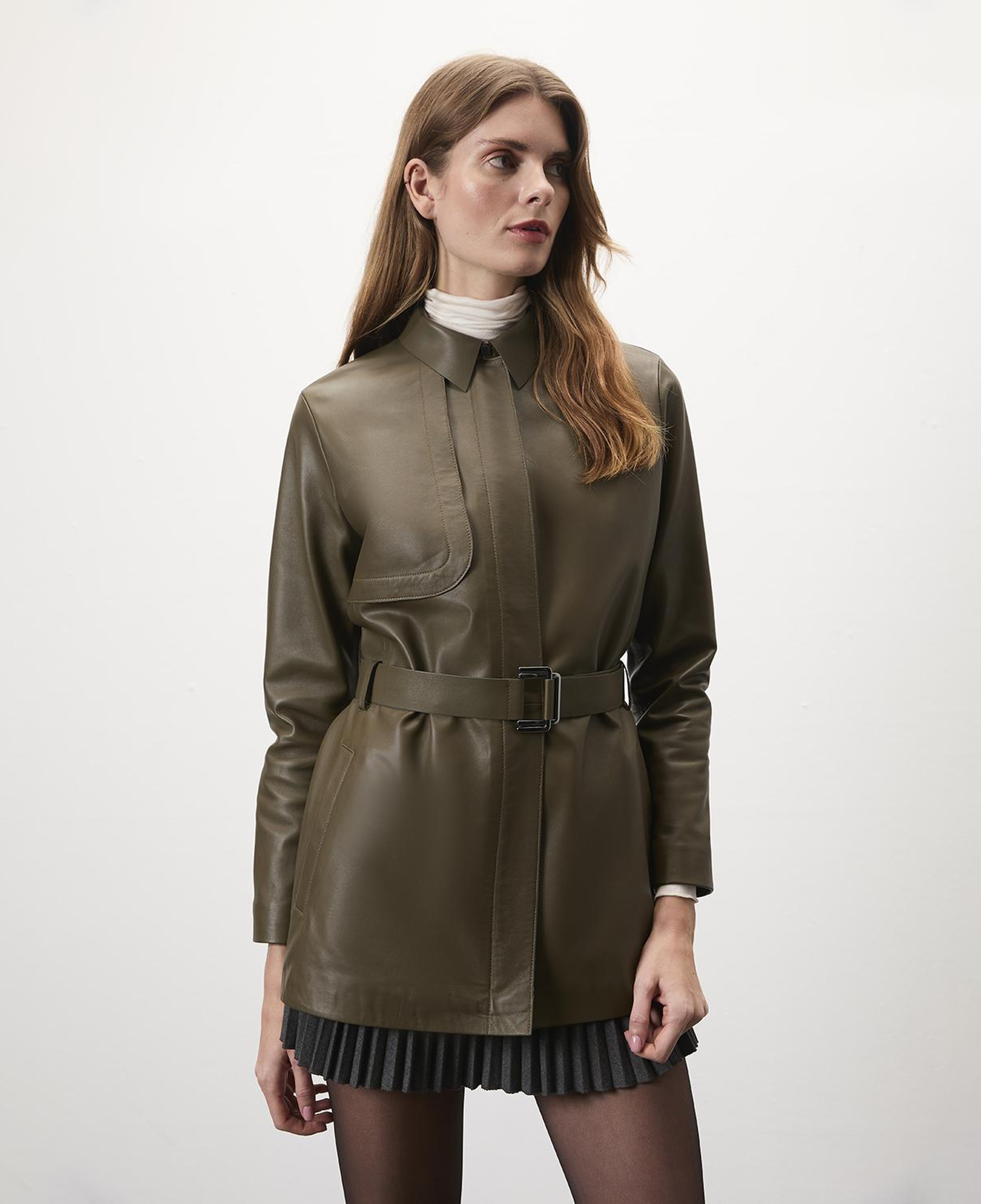 Kelly Yeşil Kadın Deri Trençkot