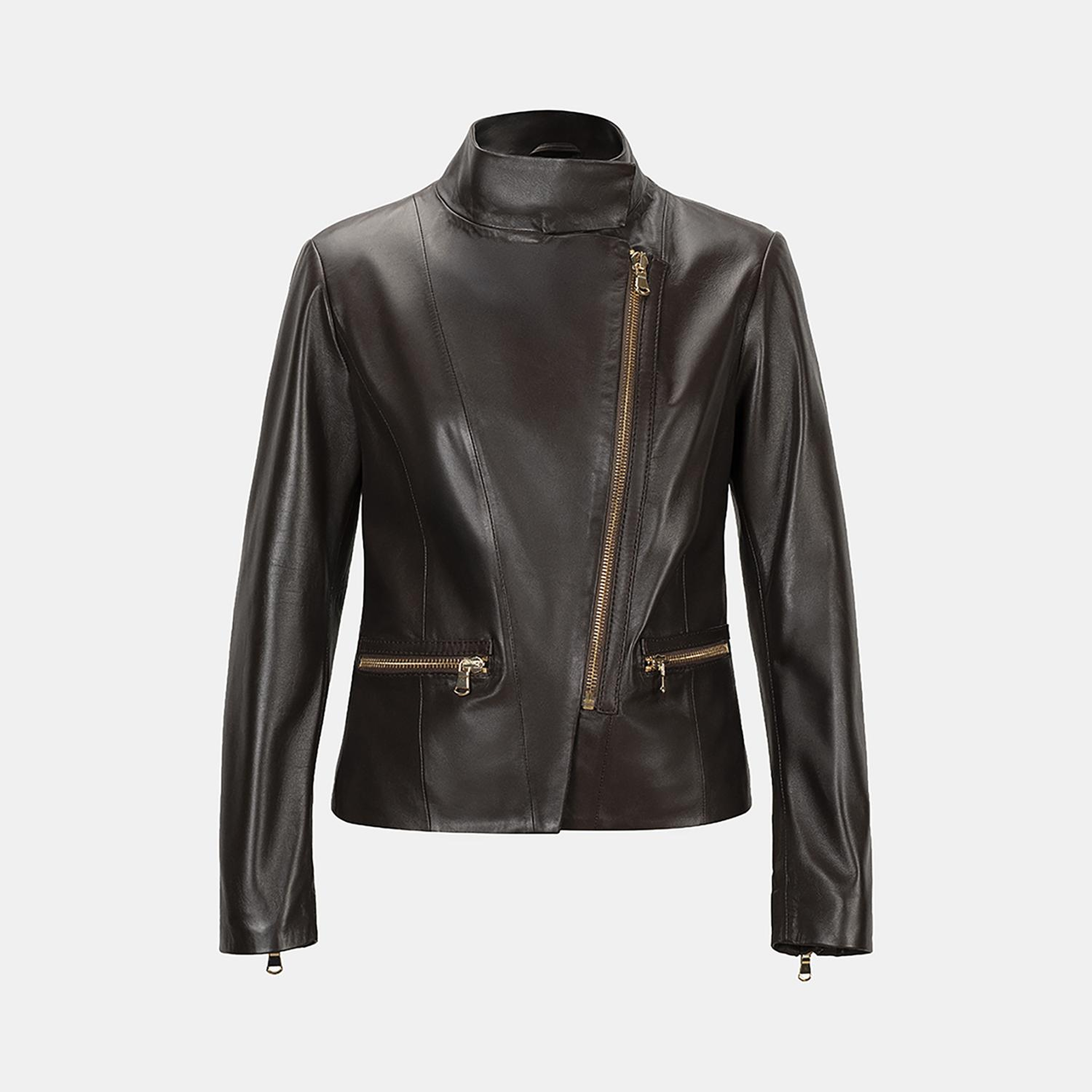 Kadın Kahve Hakim Yakalı Fit Deri Ceket