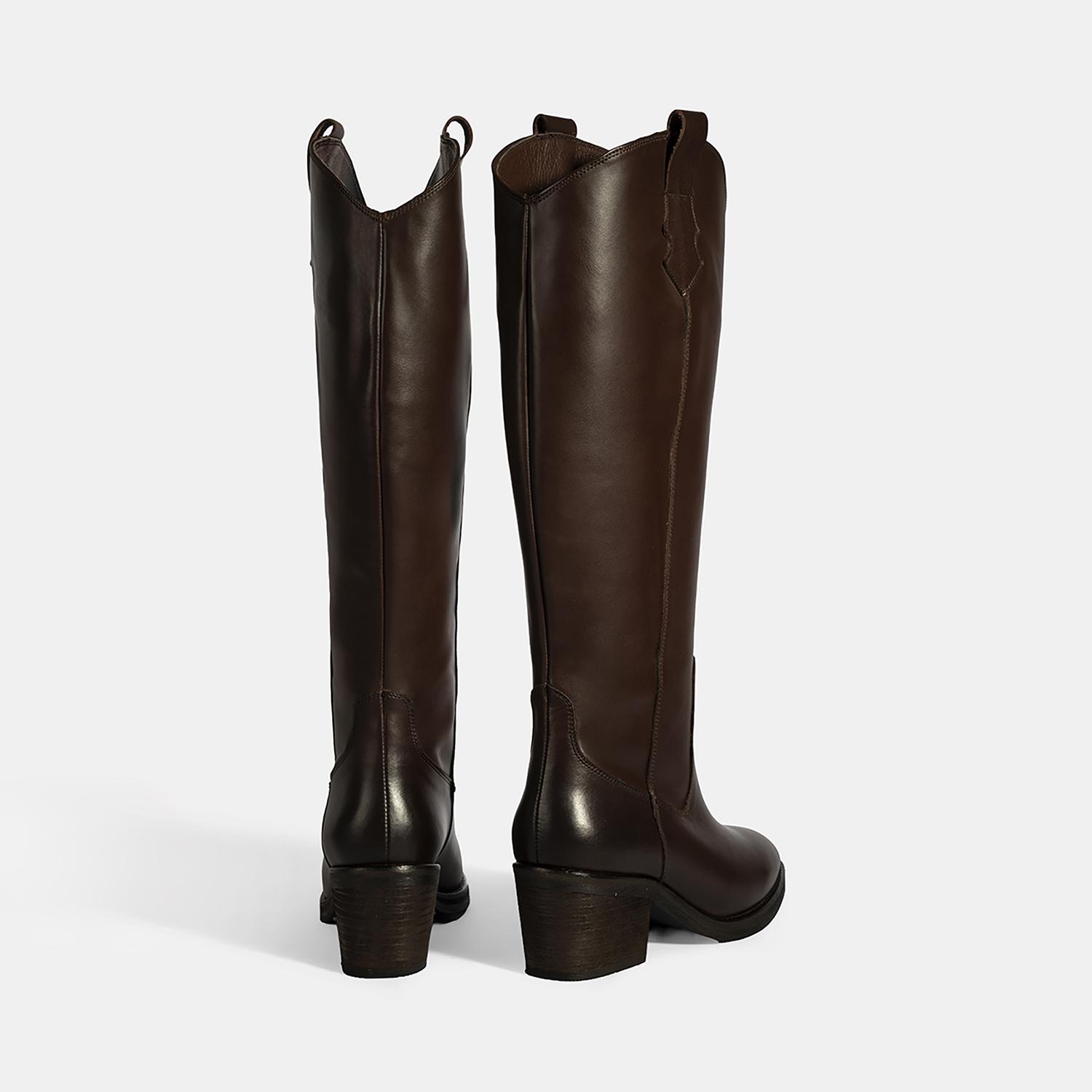 Kadın Kahve Kalın Topuklu Deri Çizme