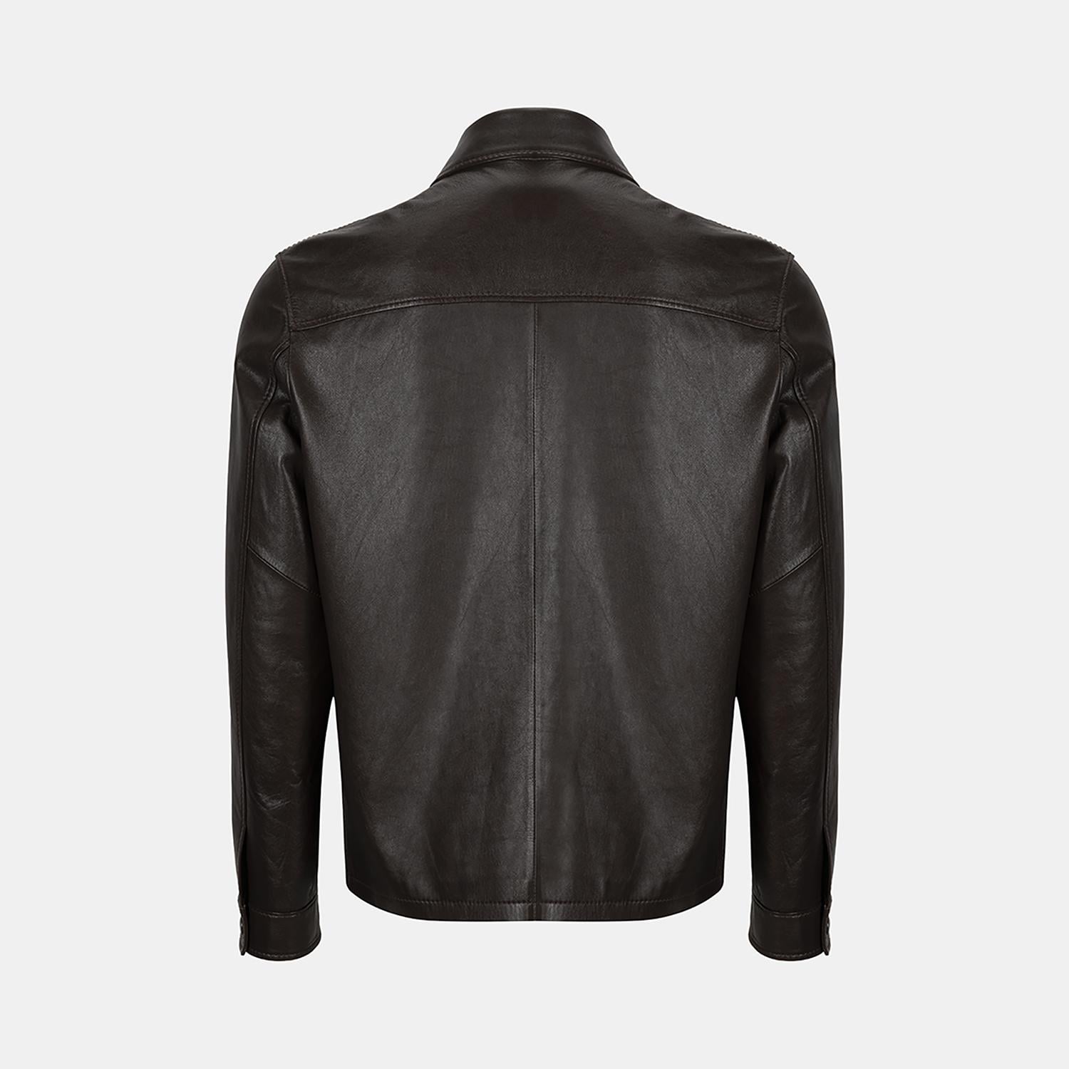 Erkek Acı Kahve Gömlek Yakalı Deri Mont