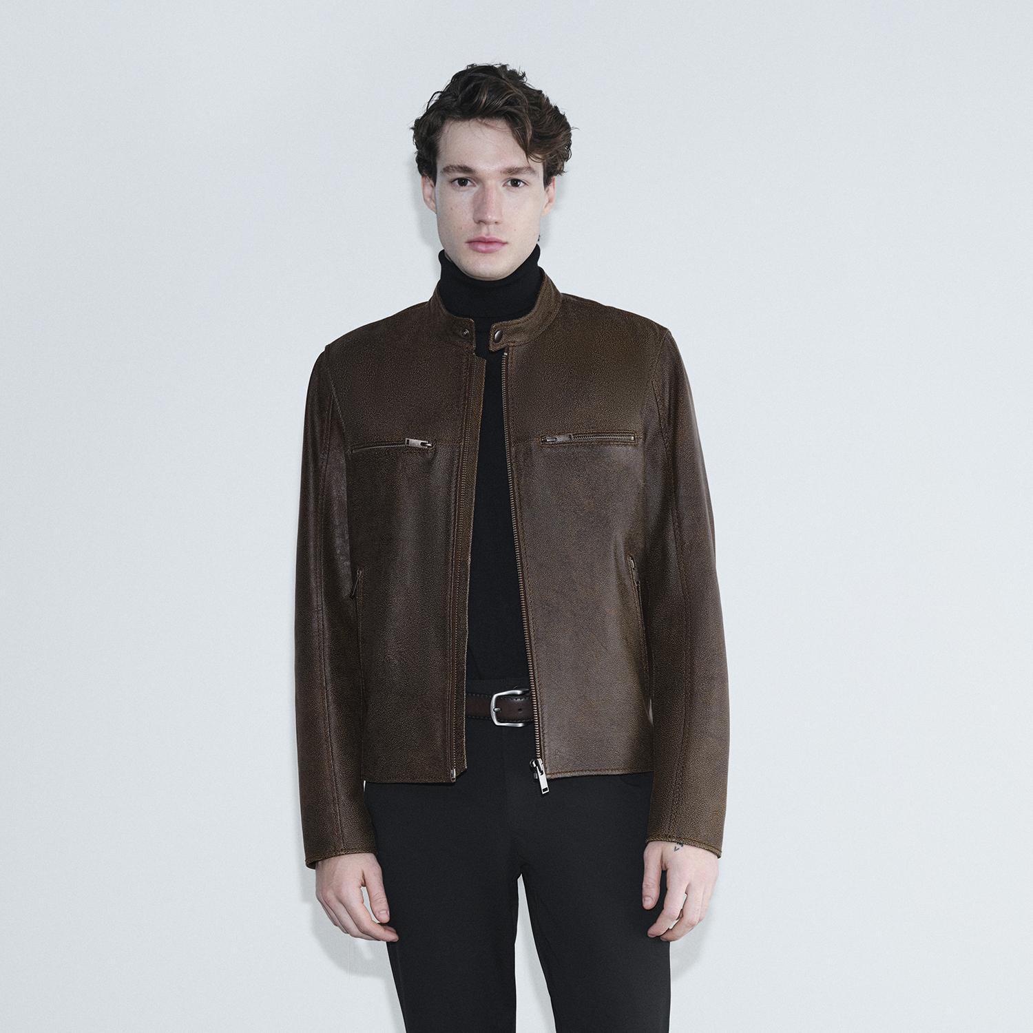 Erkek Kahve Hakim Yakalı Fit Deri Ceket