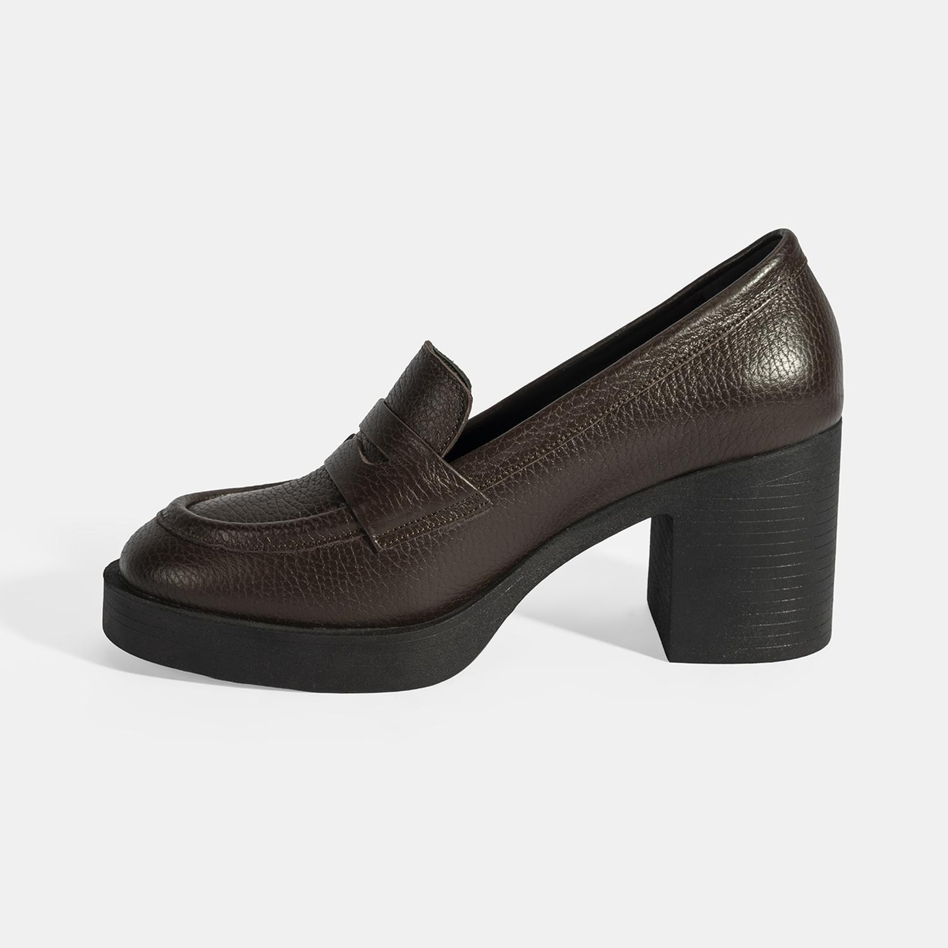 Kadın Kahve Kalın Topuklu Deri Loafer