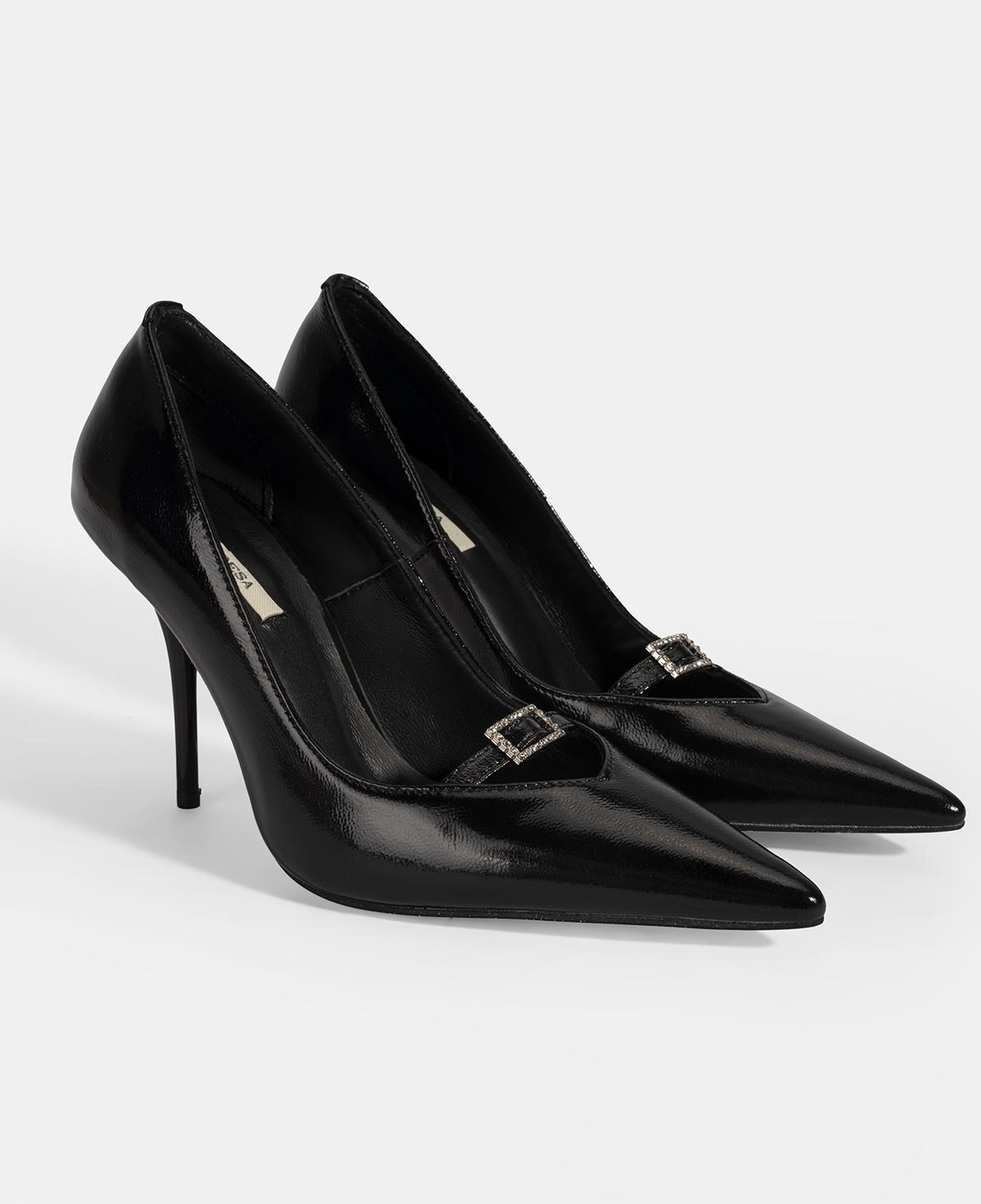 Kadın Siyah Taşlı Toka Detaylı Rugan Topuklu Abiye Ayakkabı