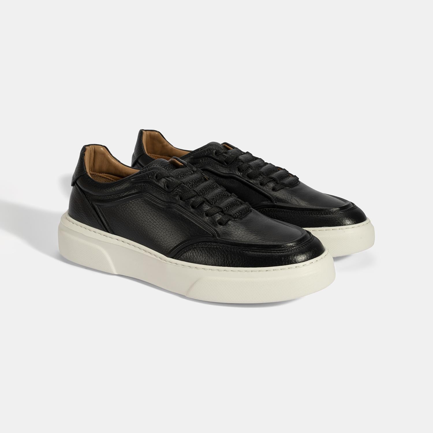 Erkek Siyah Bağcıklı Deri Sneaker