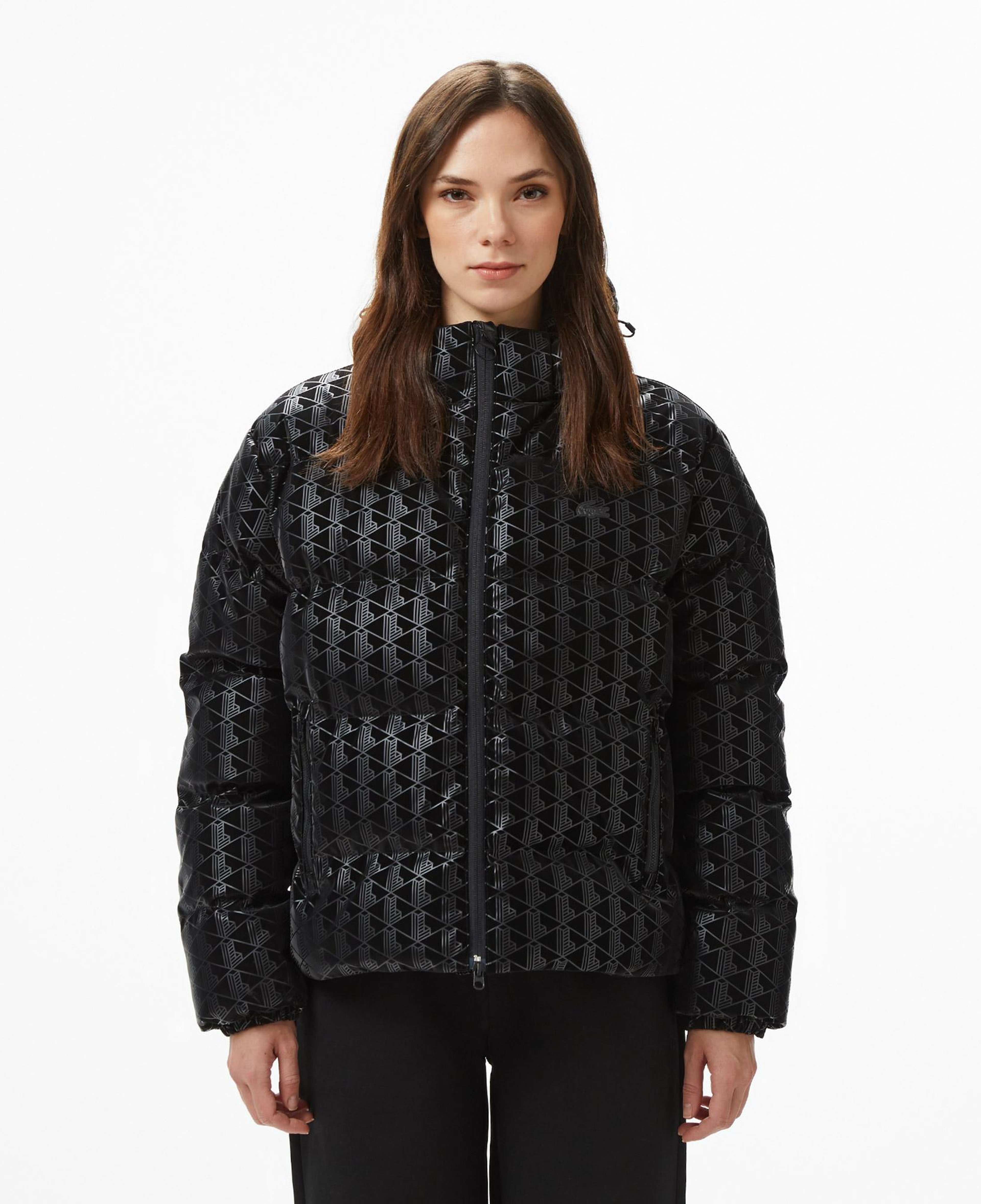 Lacoste Kadın Kapüşonlu Monogram Siyah Mont