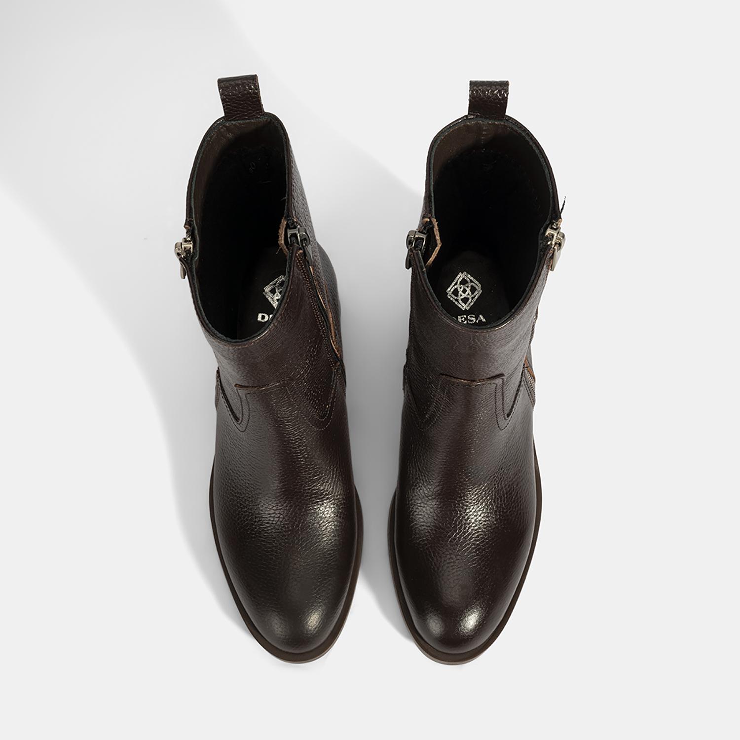 Kadın Kahve Fermuarlı Deri Topuklu Bot