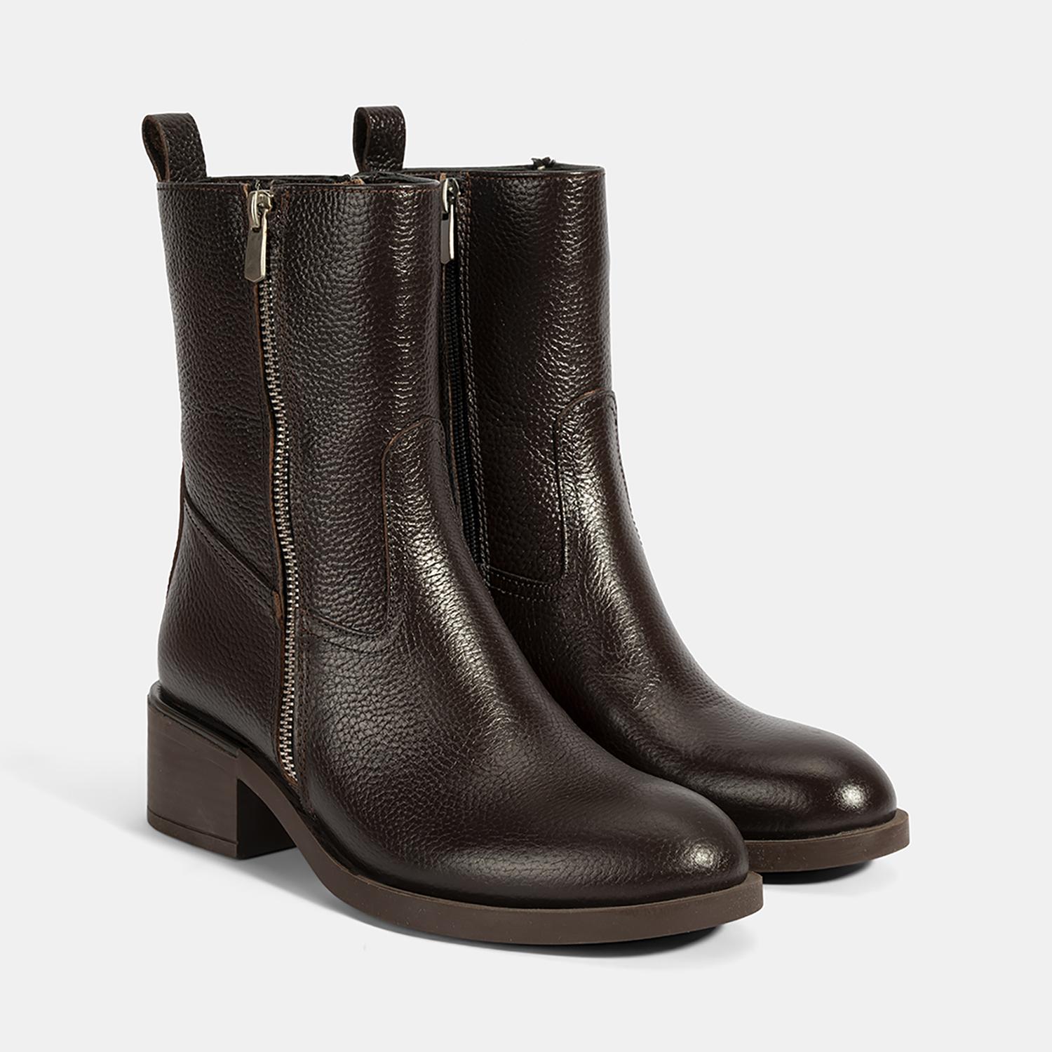 Kadın Kahve Fermuarlı Deri Topuklu Bot