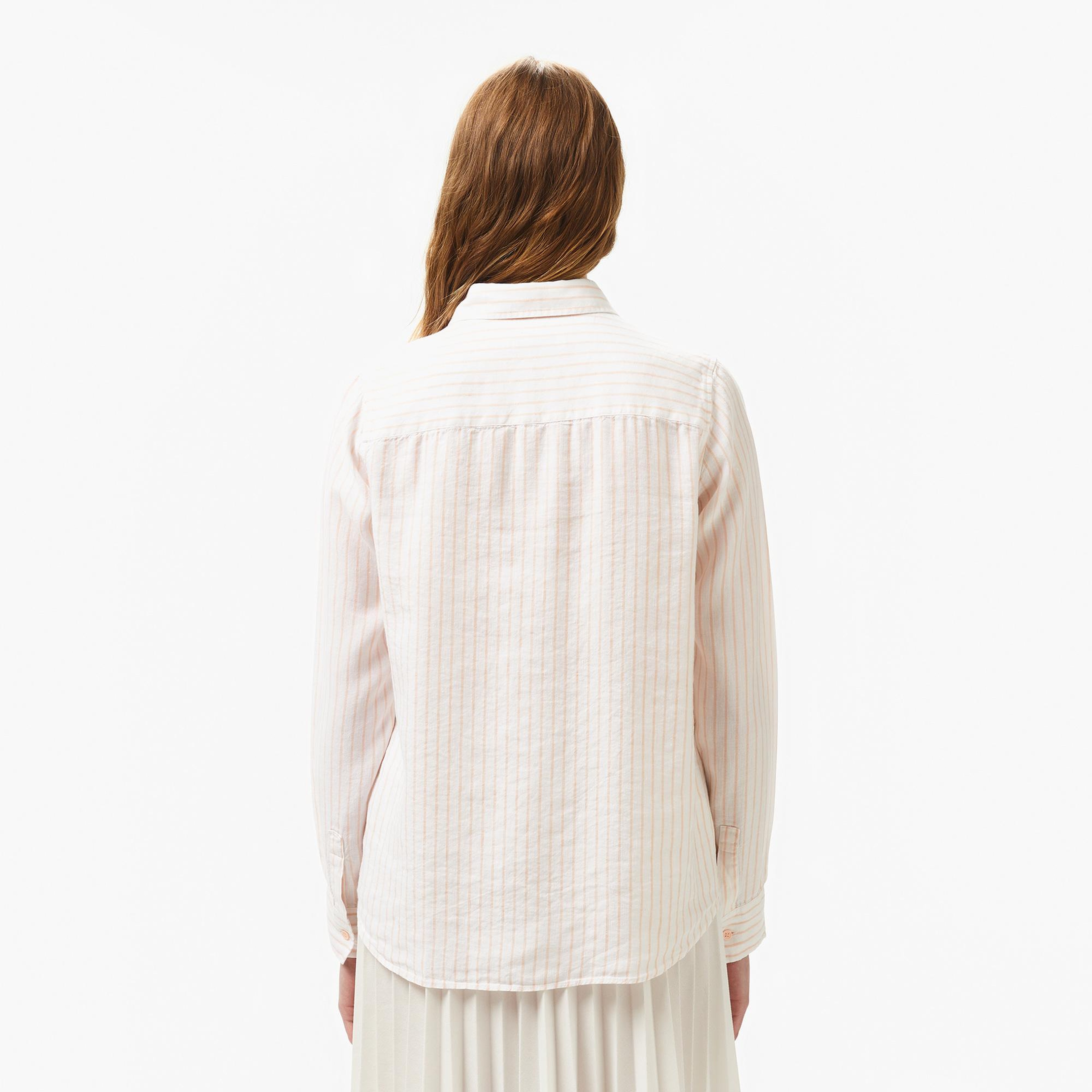 Lacoste Kadın Relaxed Fit Çizgili Keten Açık Pembe Gömlek