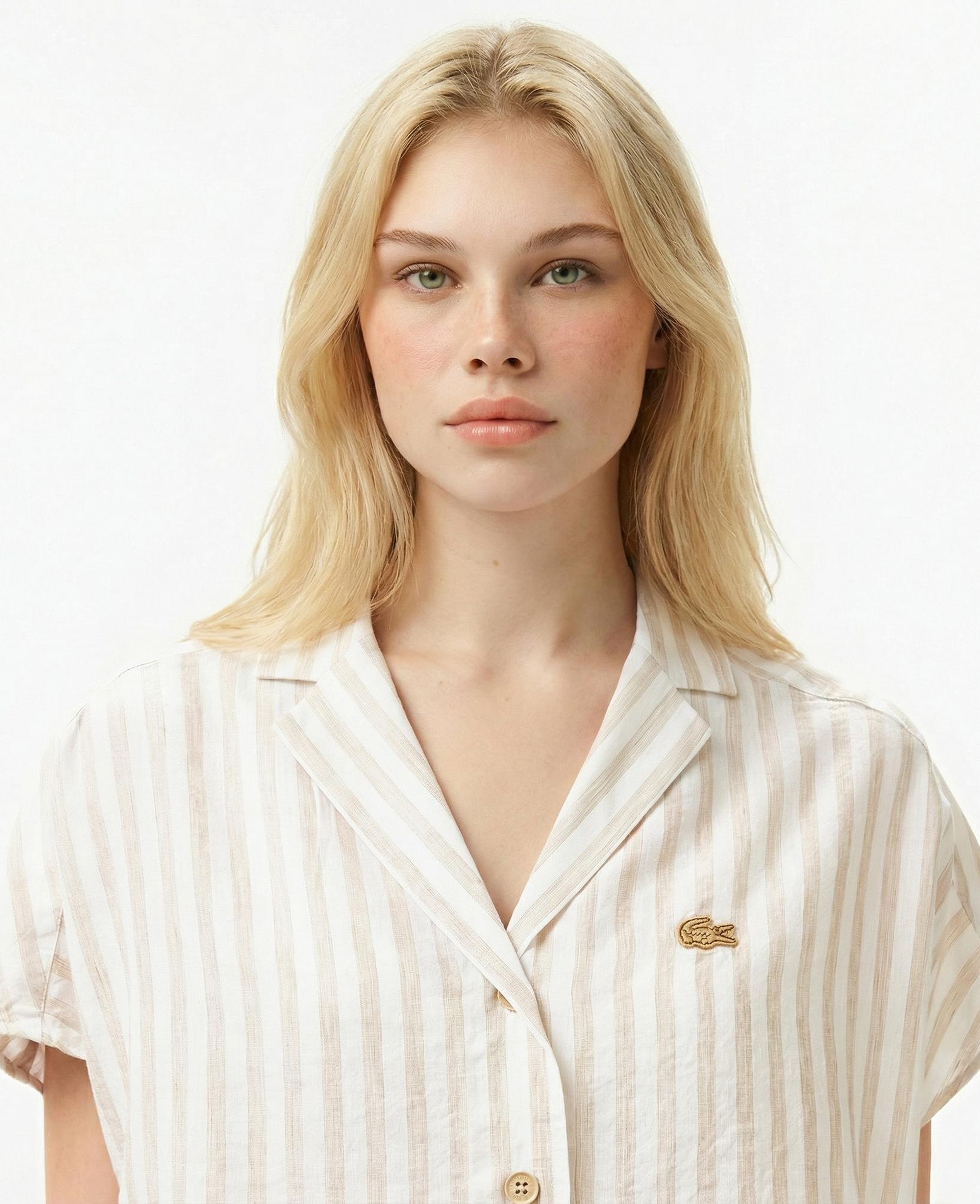 Lacoste Kadın Regular Fit Kısa Kollu Çizgili Keten Bej Gömlek