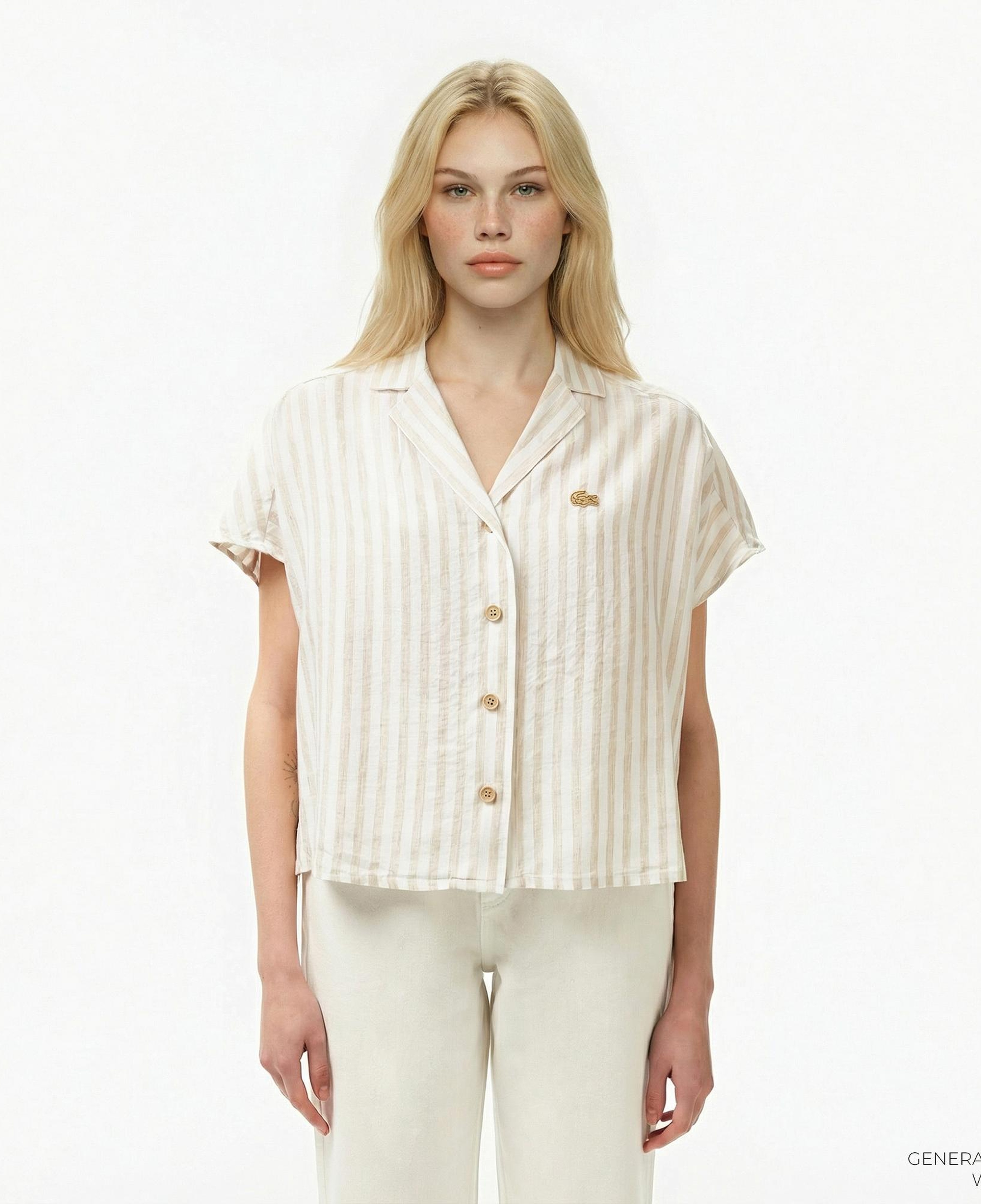 Lacoste Kadın Regular Fit Kısa Kollu Çizgili Keten Bej Gömlek