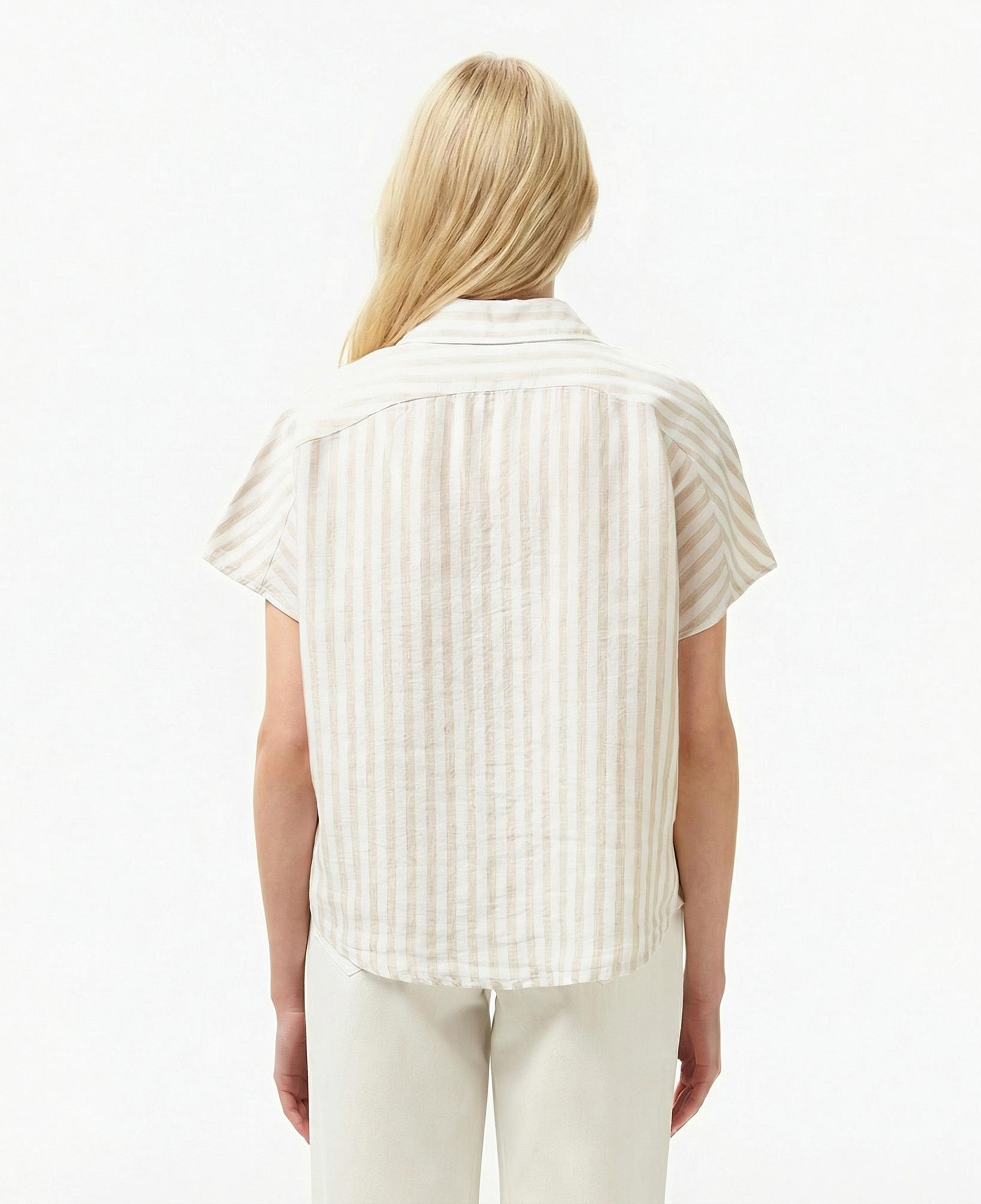 Lacoste Kadın Regular Fit Kısa Kollu Çizgili Keten Bej Gömlek