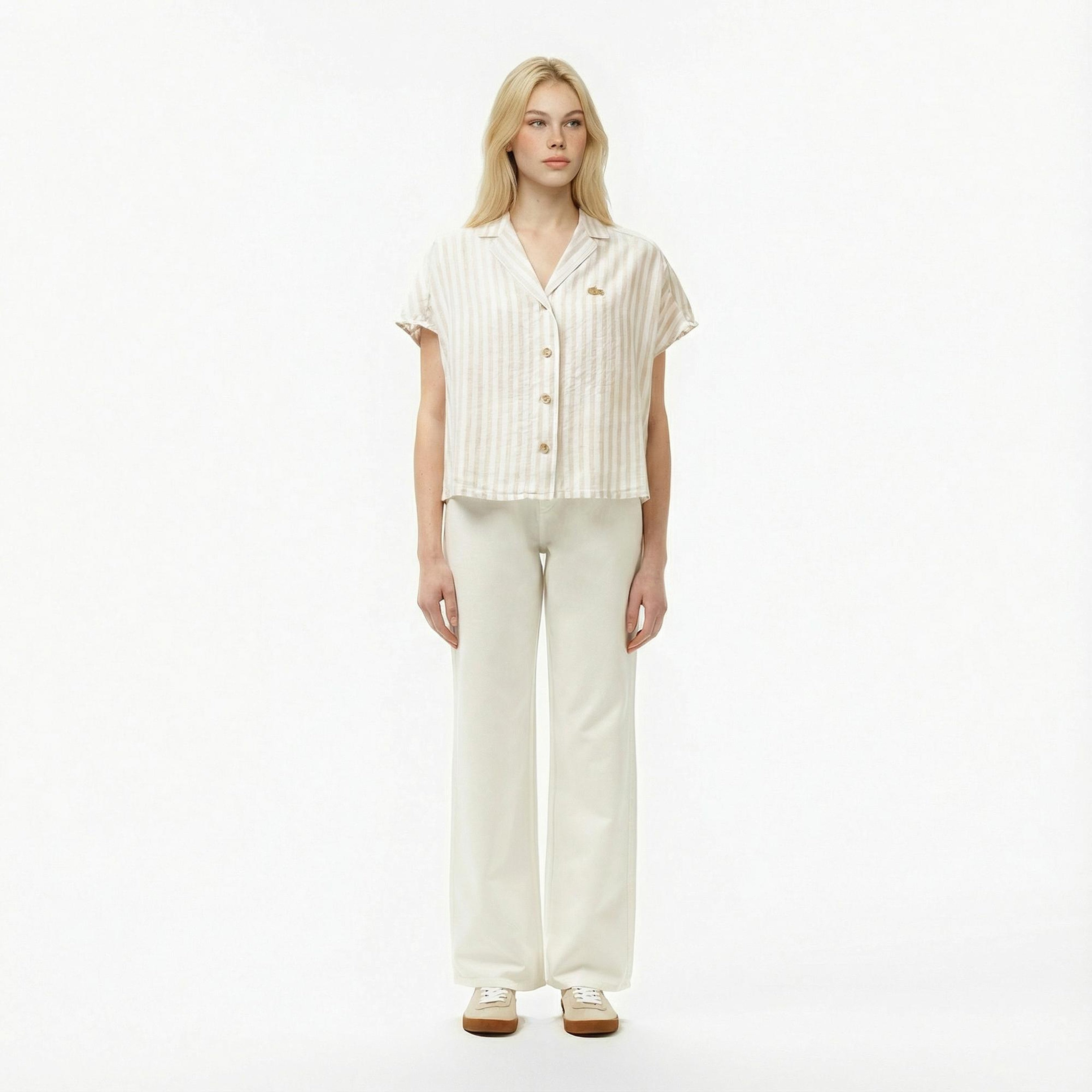 Lacoste Kadın Regular Fit Kısa Kollu Çizgili Keten Bej Gömlek