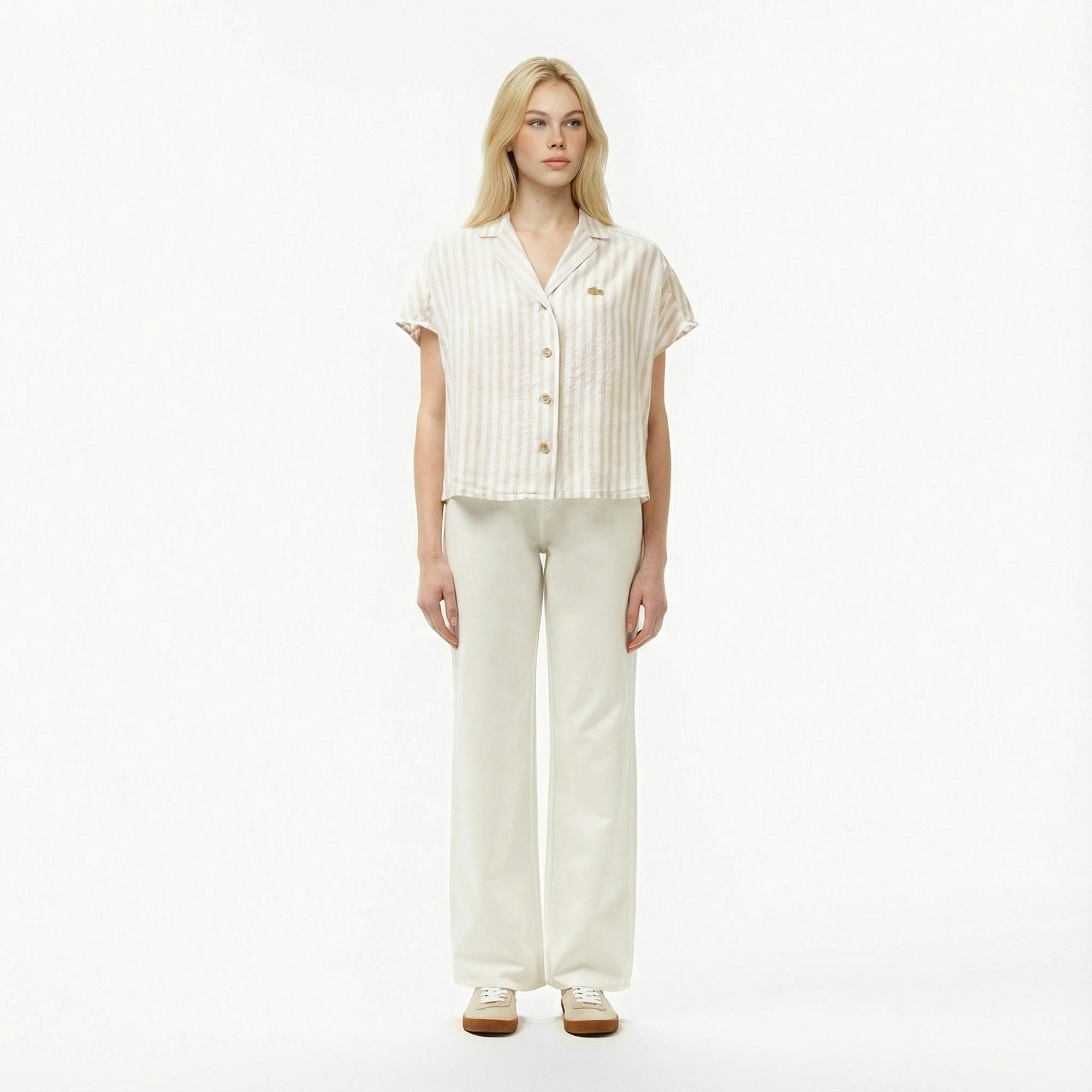 Lacoste Kadın Regular Fit Kısa Kollu Çizgili Keten Bej Gömlek