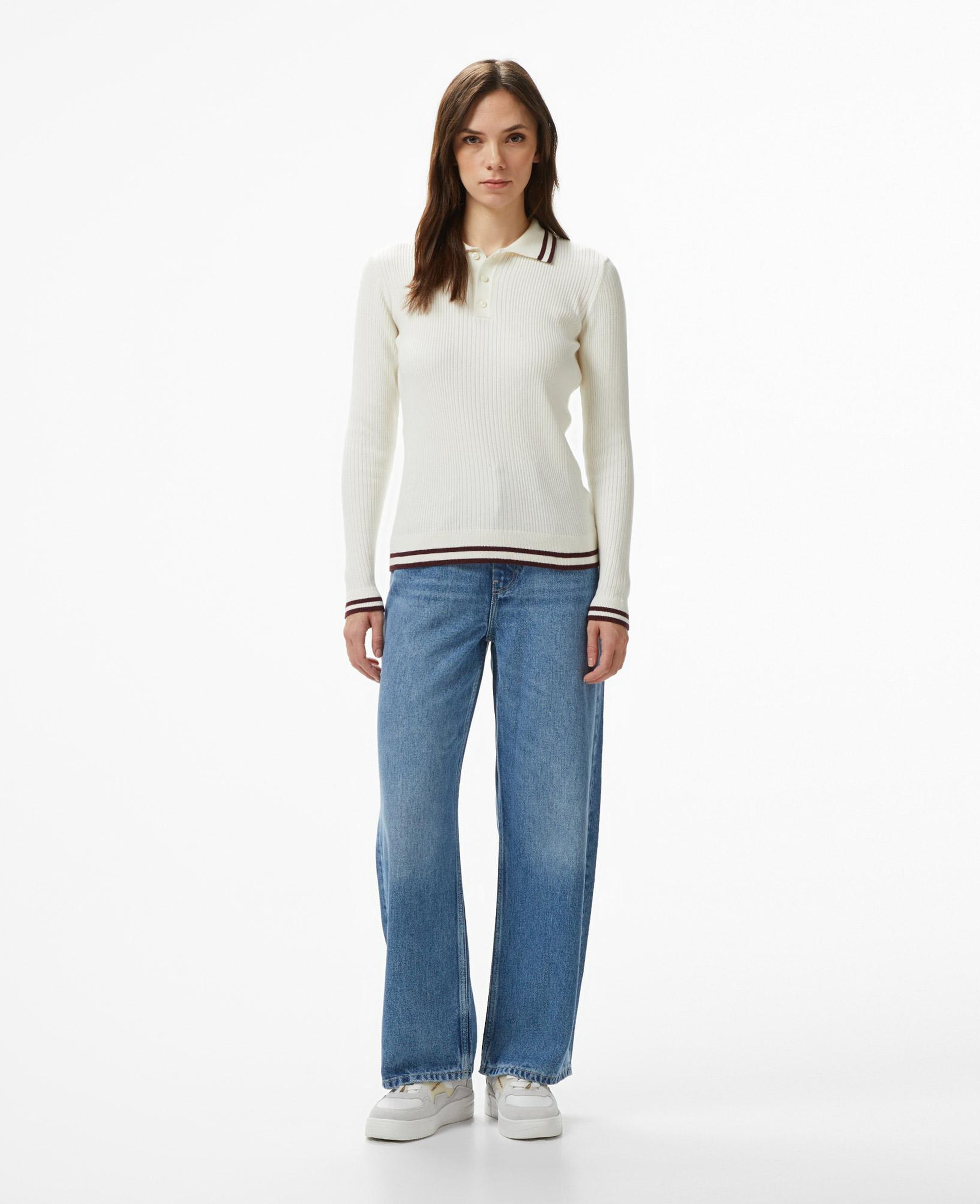 Nautica Kadın Krem Rengi Classic Fit Uzun Kollu Polo Yaka T-Shirt