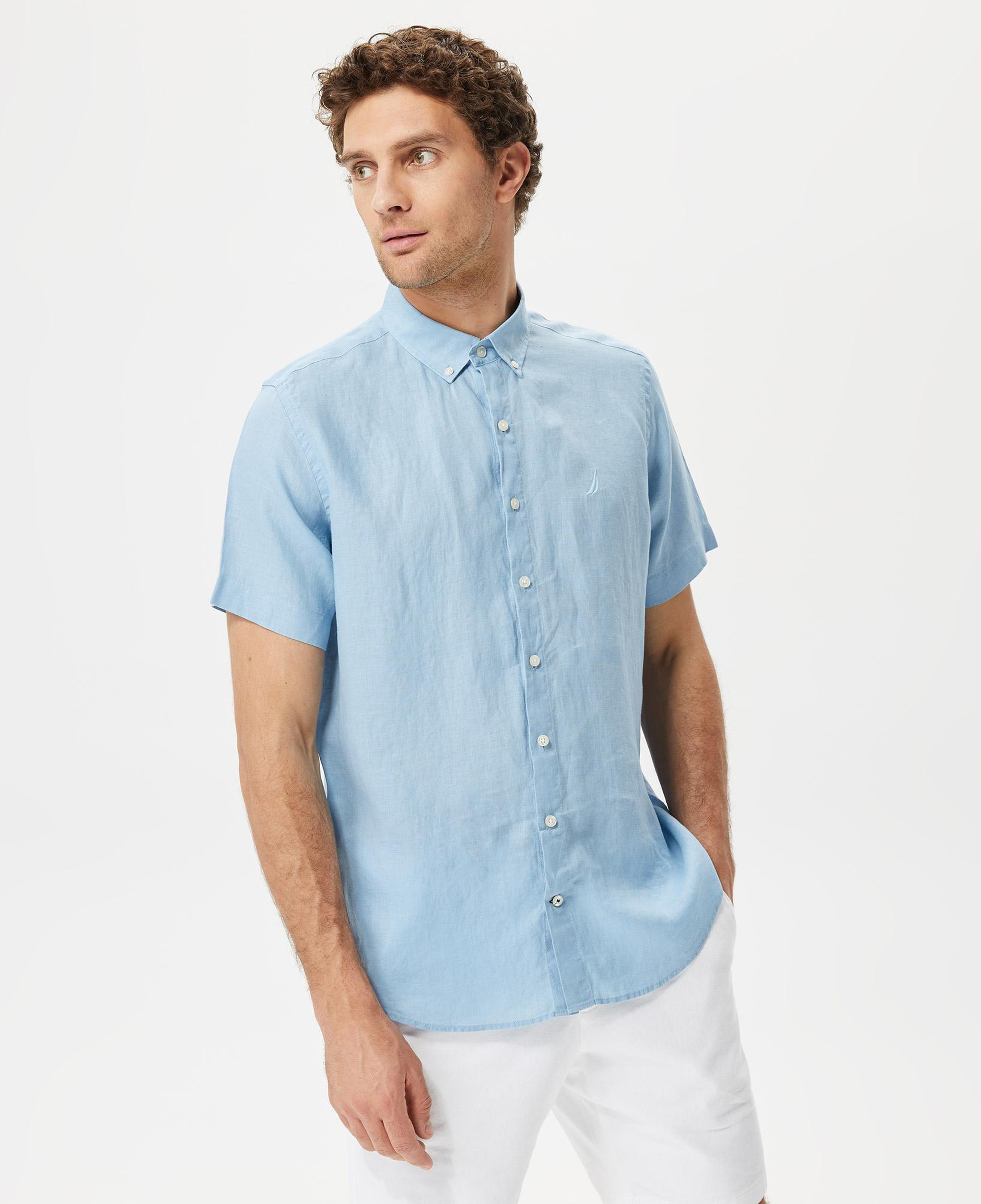 Nautica Erkek Mavi Classic Fit Kısa Kollu Keten Gömlek