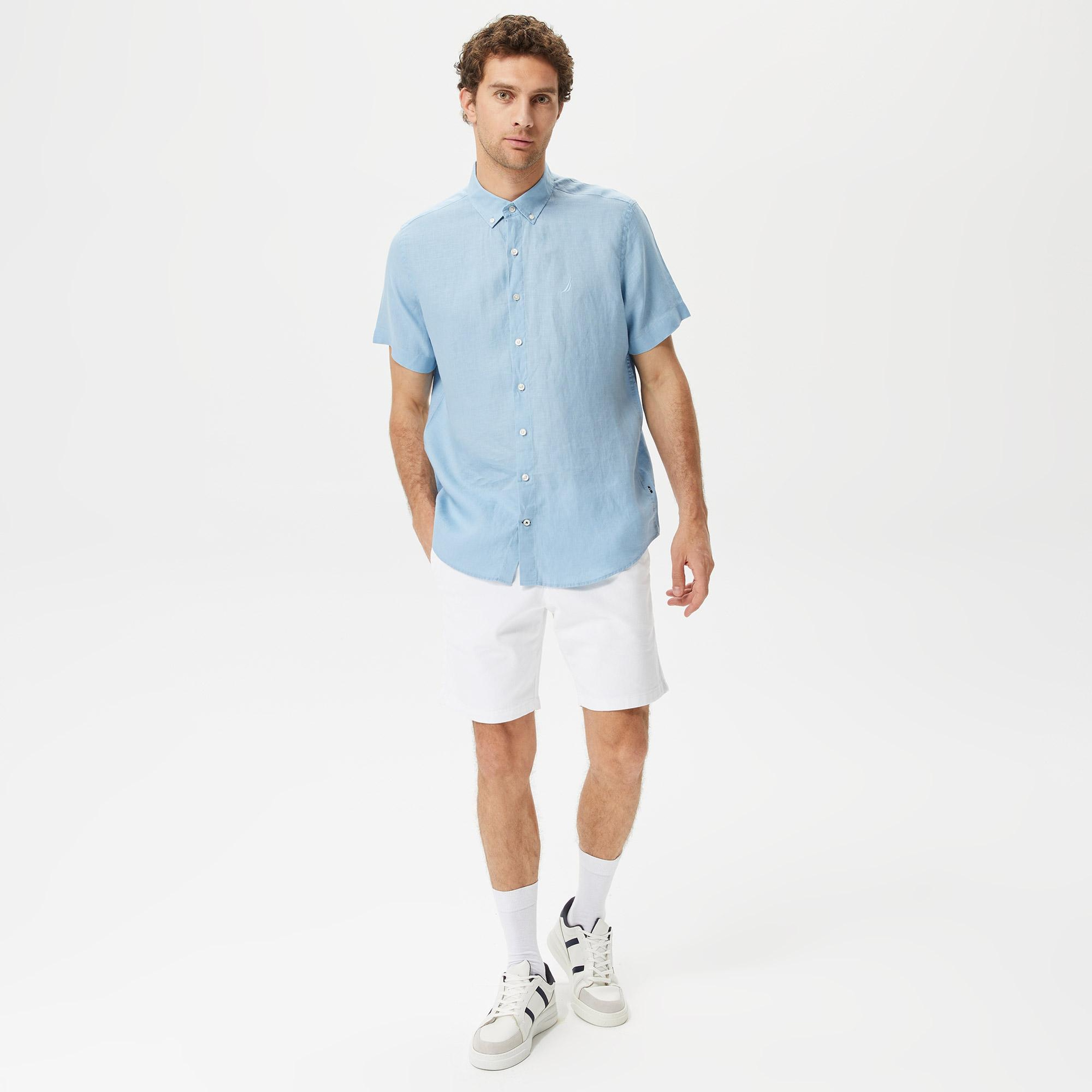 Nautica Erkek Mavi Classic Fit Kısa Kollu Keten Gömlek