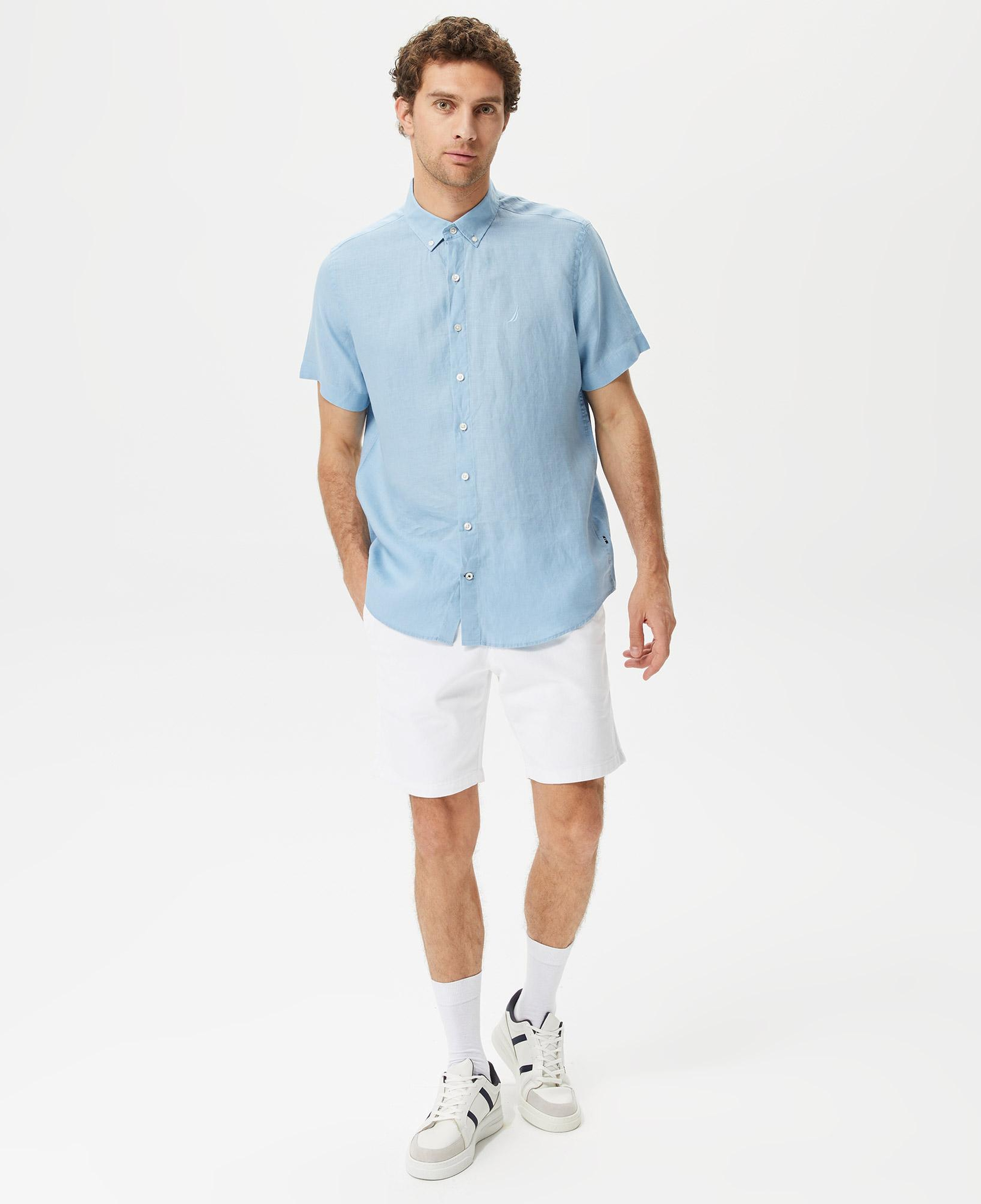 Nautica Erkek Mavi Classic Fit Kısa Kollu Keten Gömlek