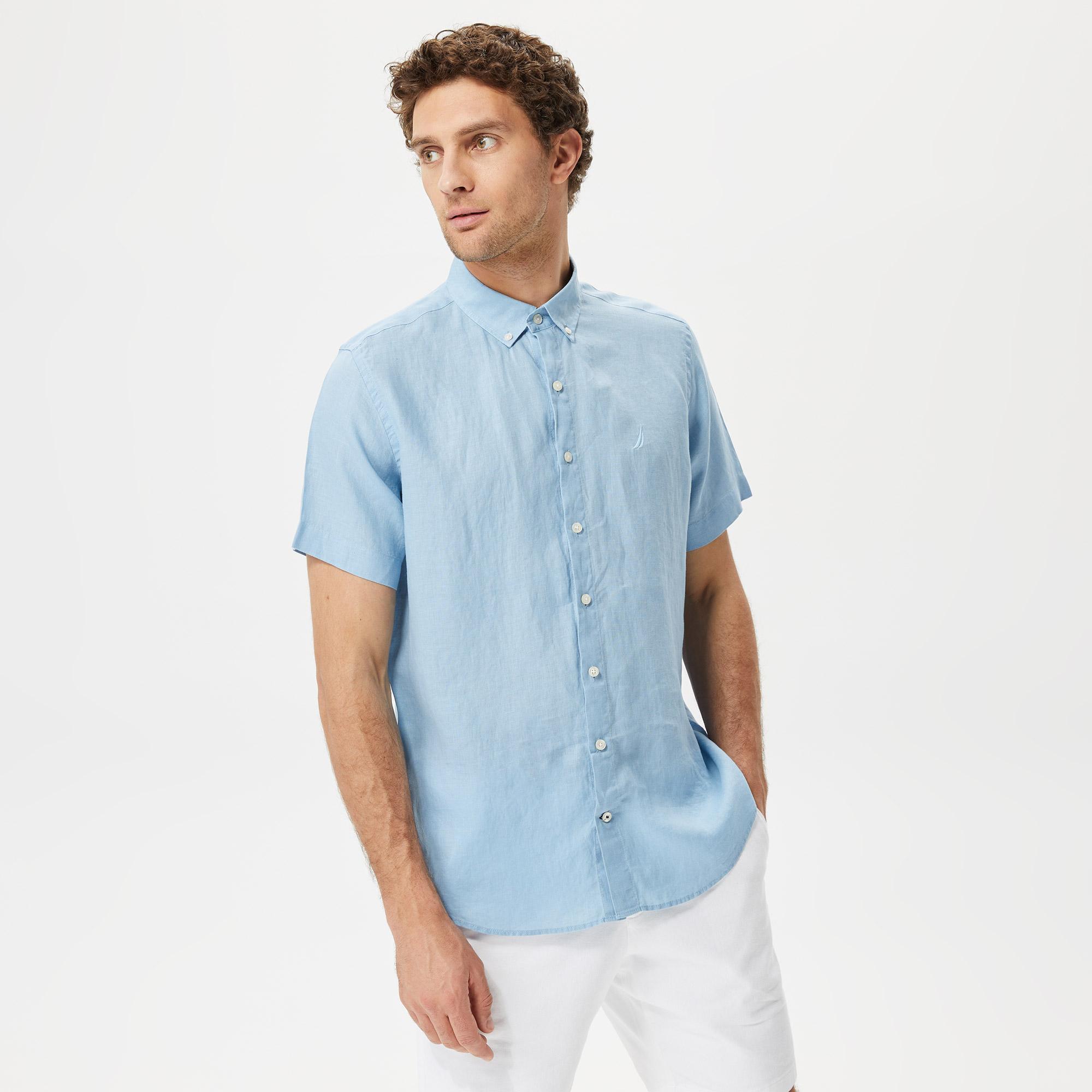 Nautica Erkek Mavi Classic Fit Kısa Kollu Keten Gömlek