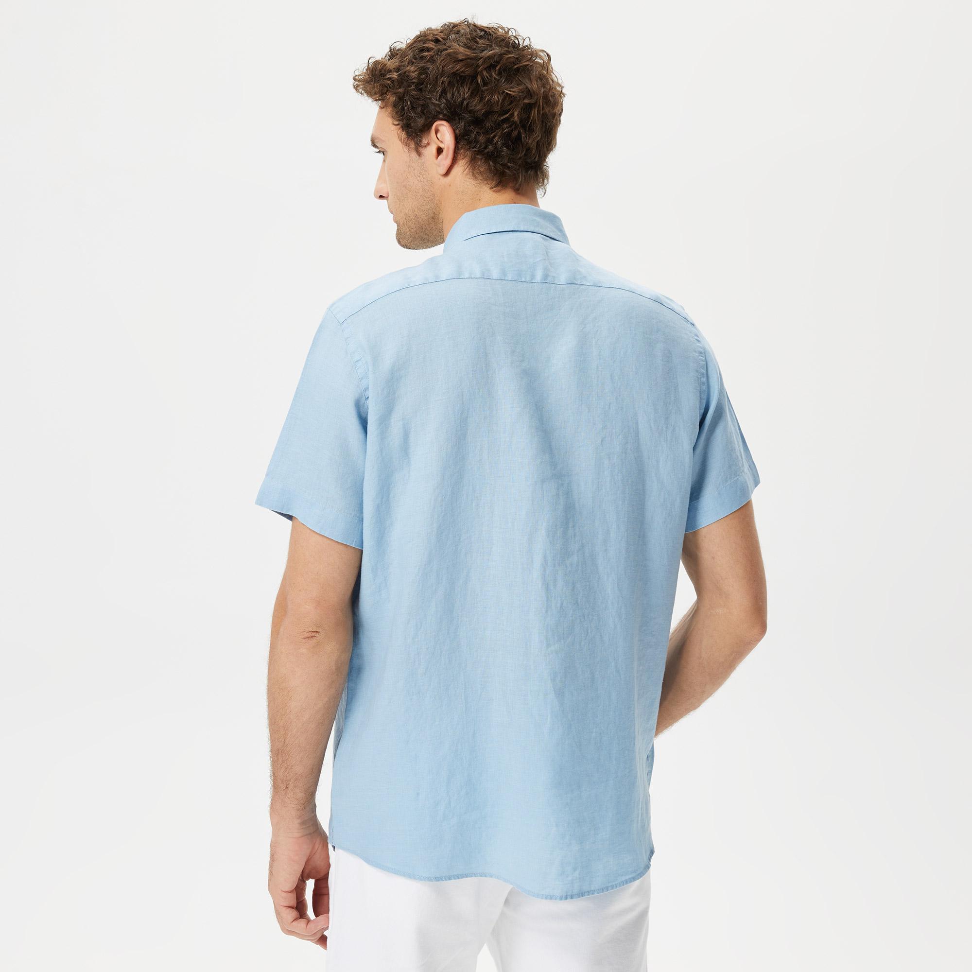 Nautica Erkek Mavi Classic Fit Kısa Kollu Keten Gömlek