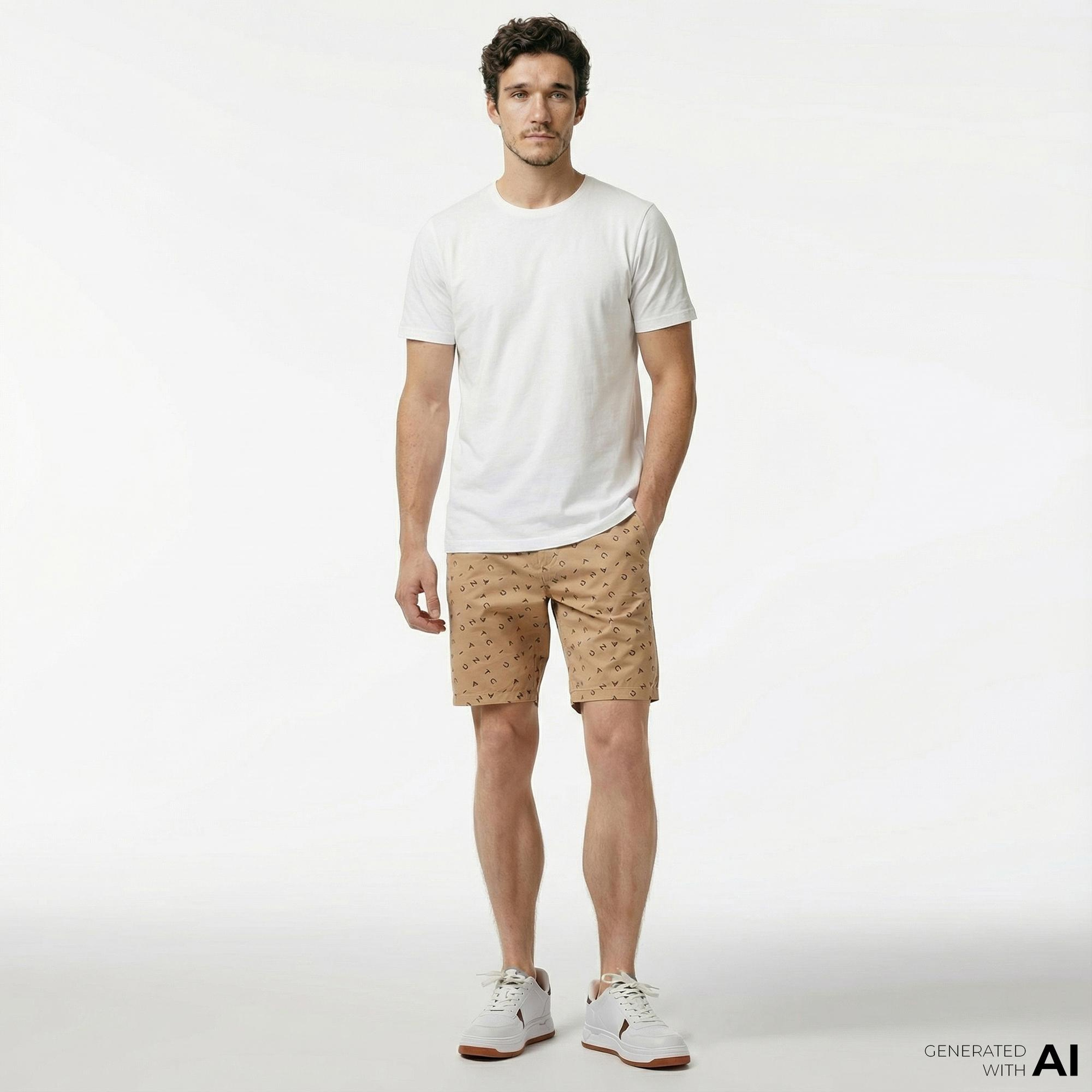 Nautica Erkek Bej Slim Fit Baskılı Bermuda