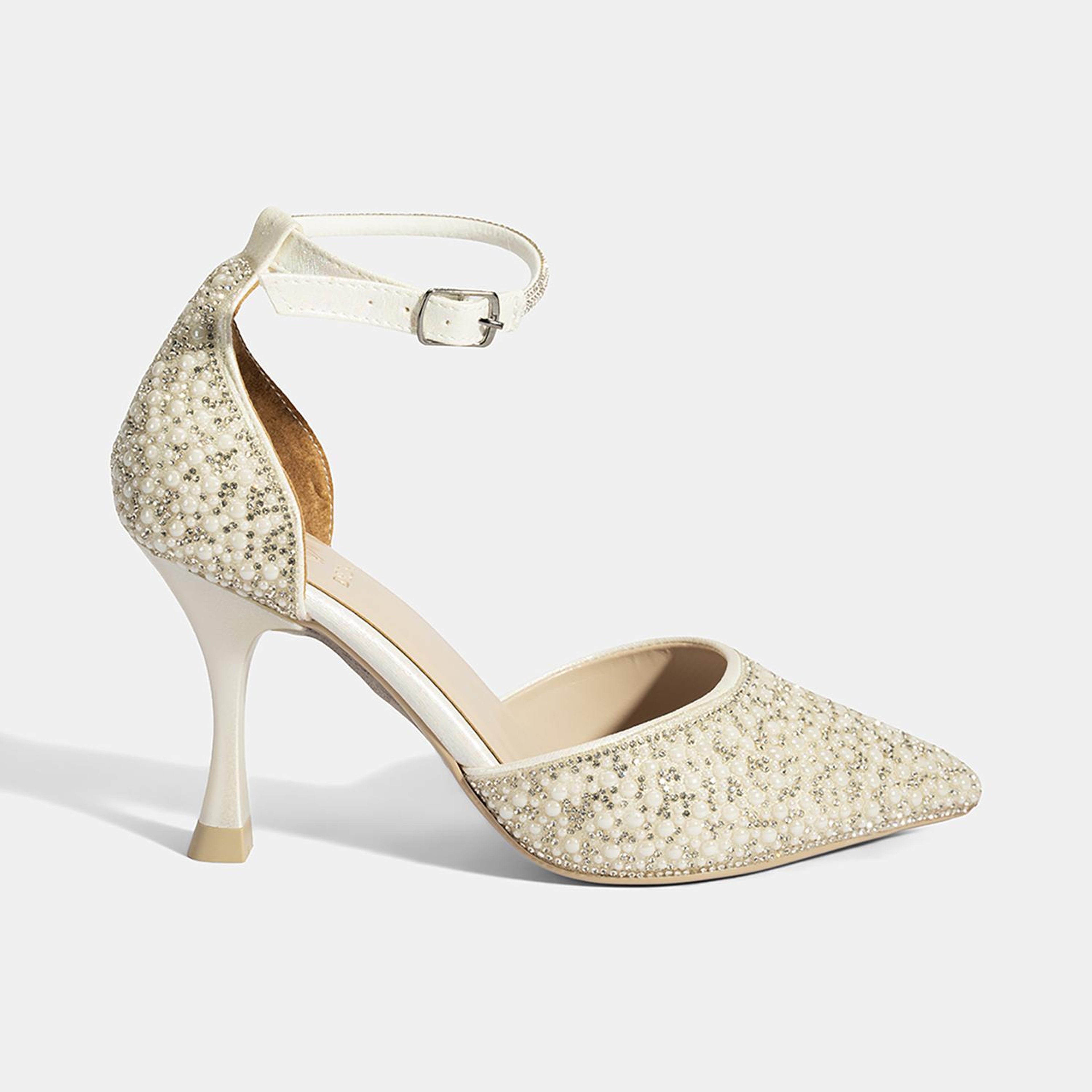 Kadın Beyaz Ayarlanabilir Tokalı Taşlı Gelin Ayakkabısı