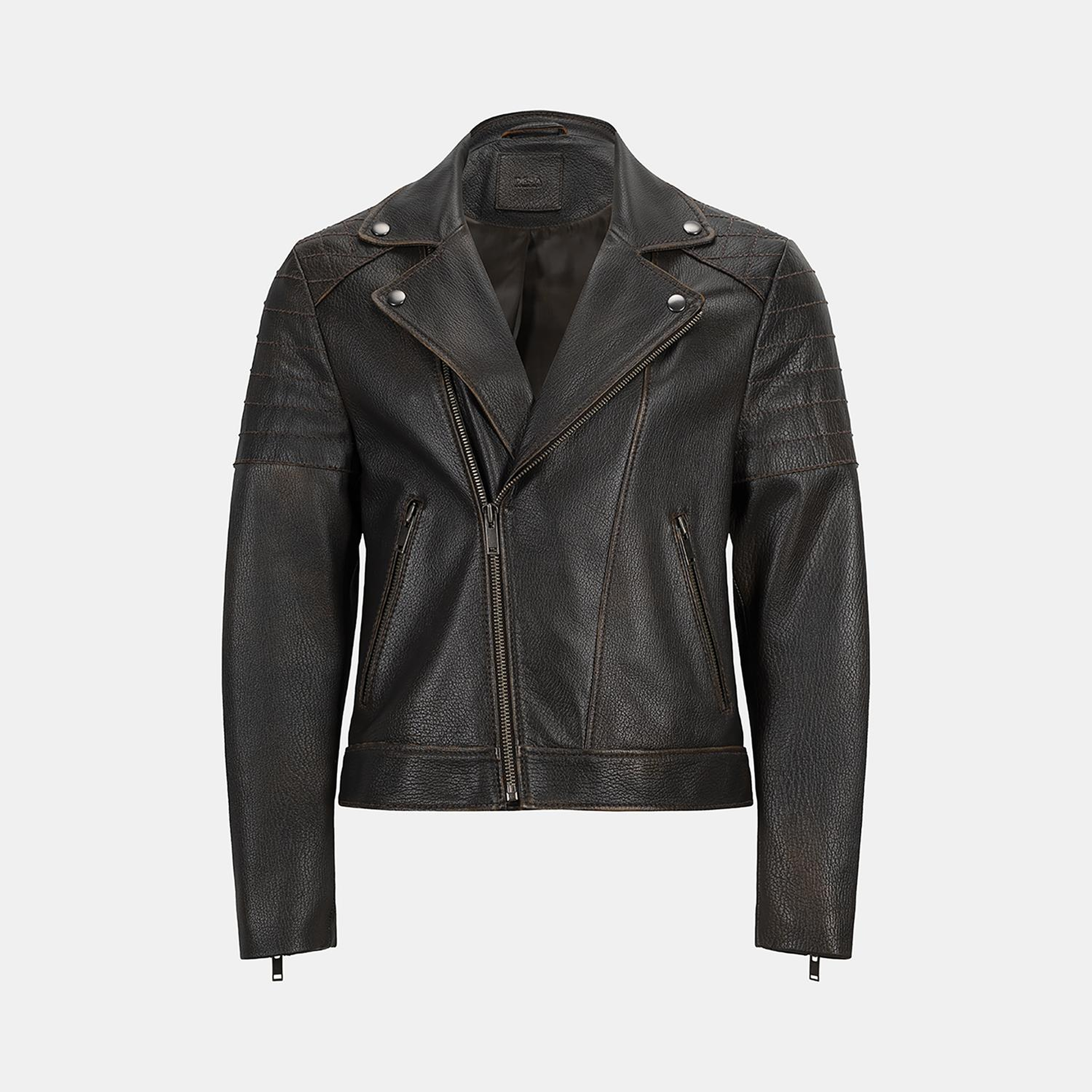 DESA Erkek Koyu Kahve Eskitme Vintage Deri Biker Ceket