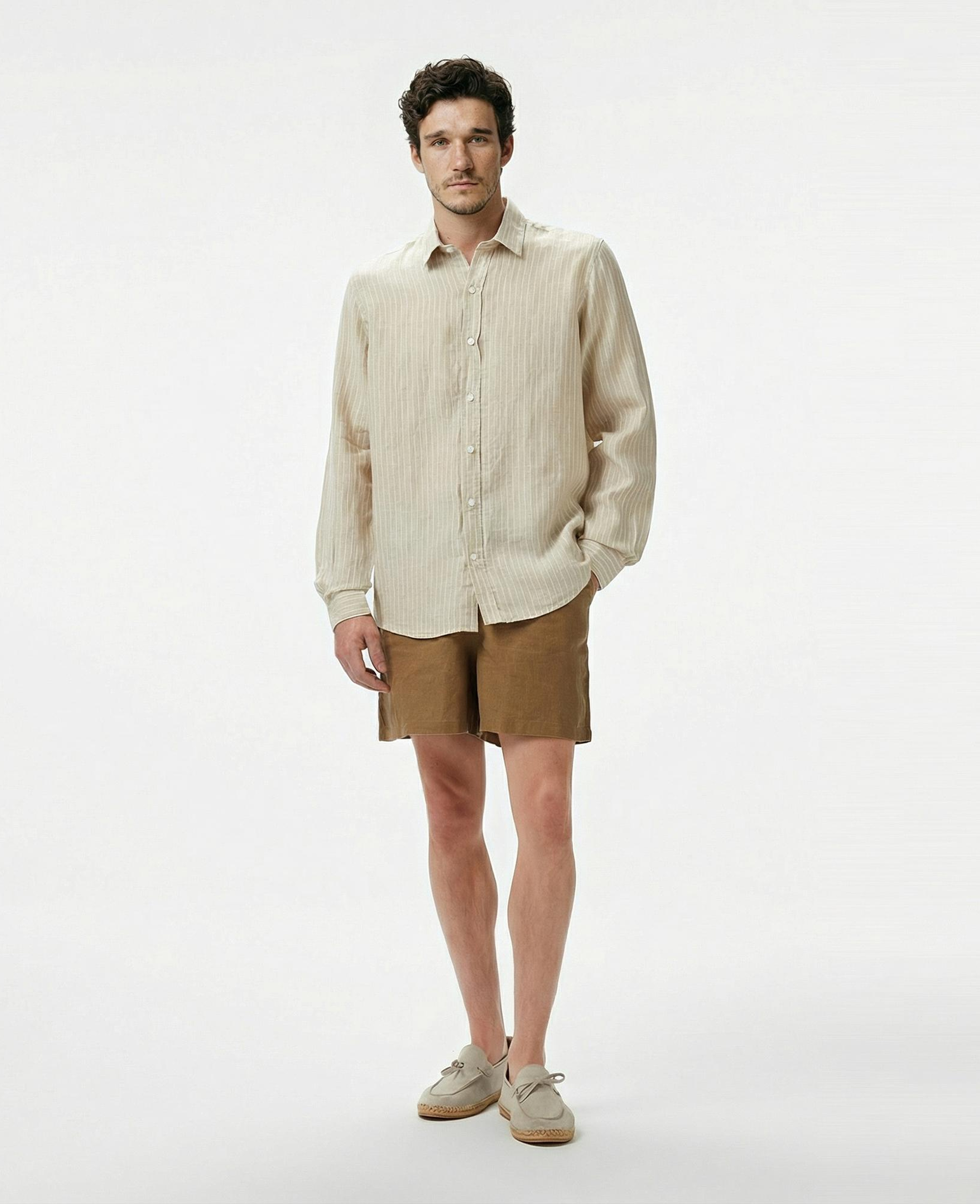 Nautica Erkek Bej Classic Fit Çizgili Keten Gömlek