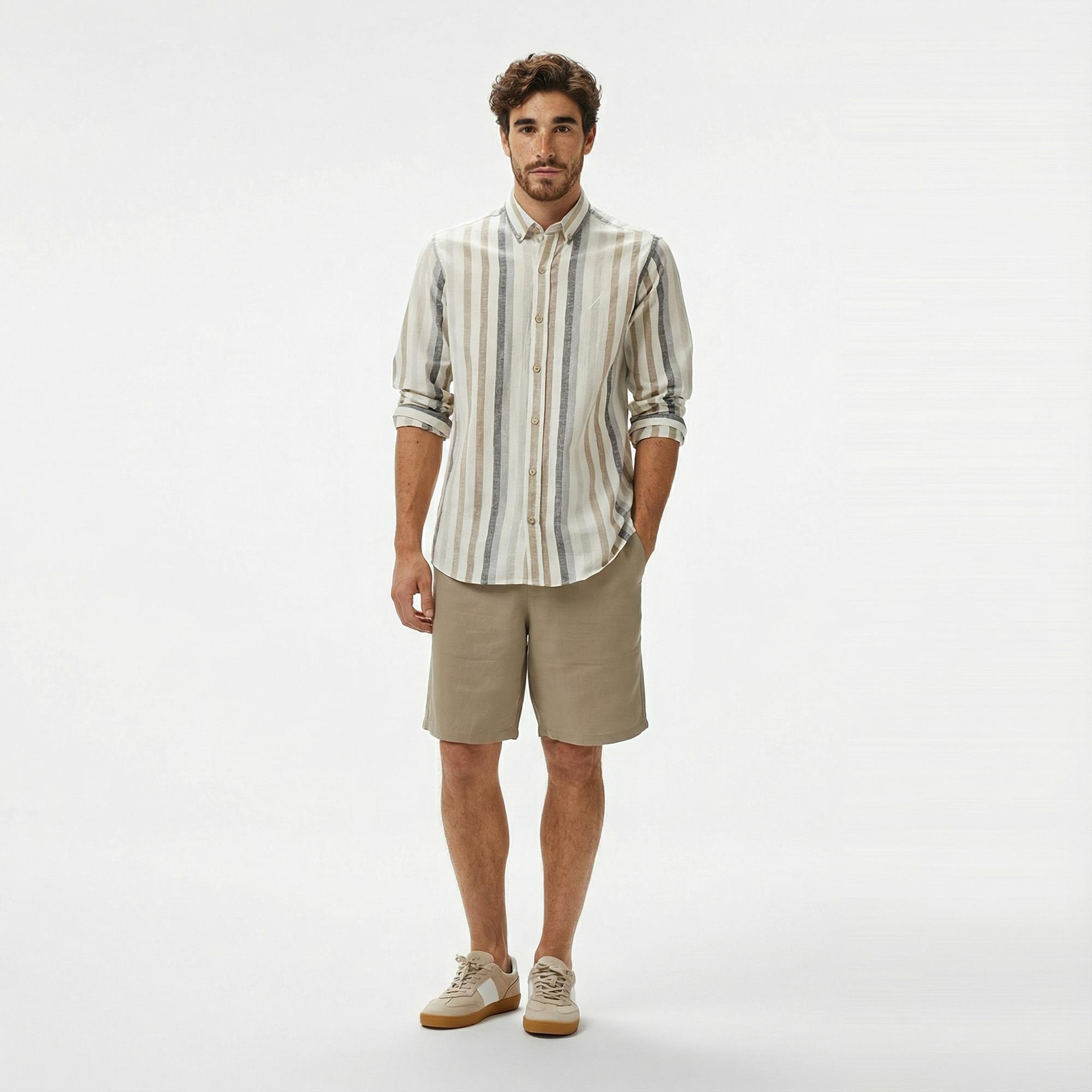 Nautica Erkek Kahverengi Classic Fit Çizgili Gömlek