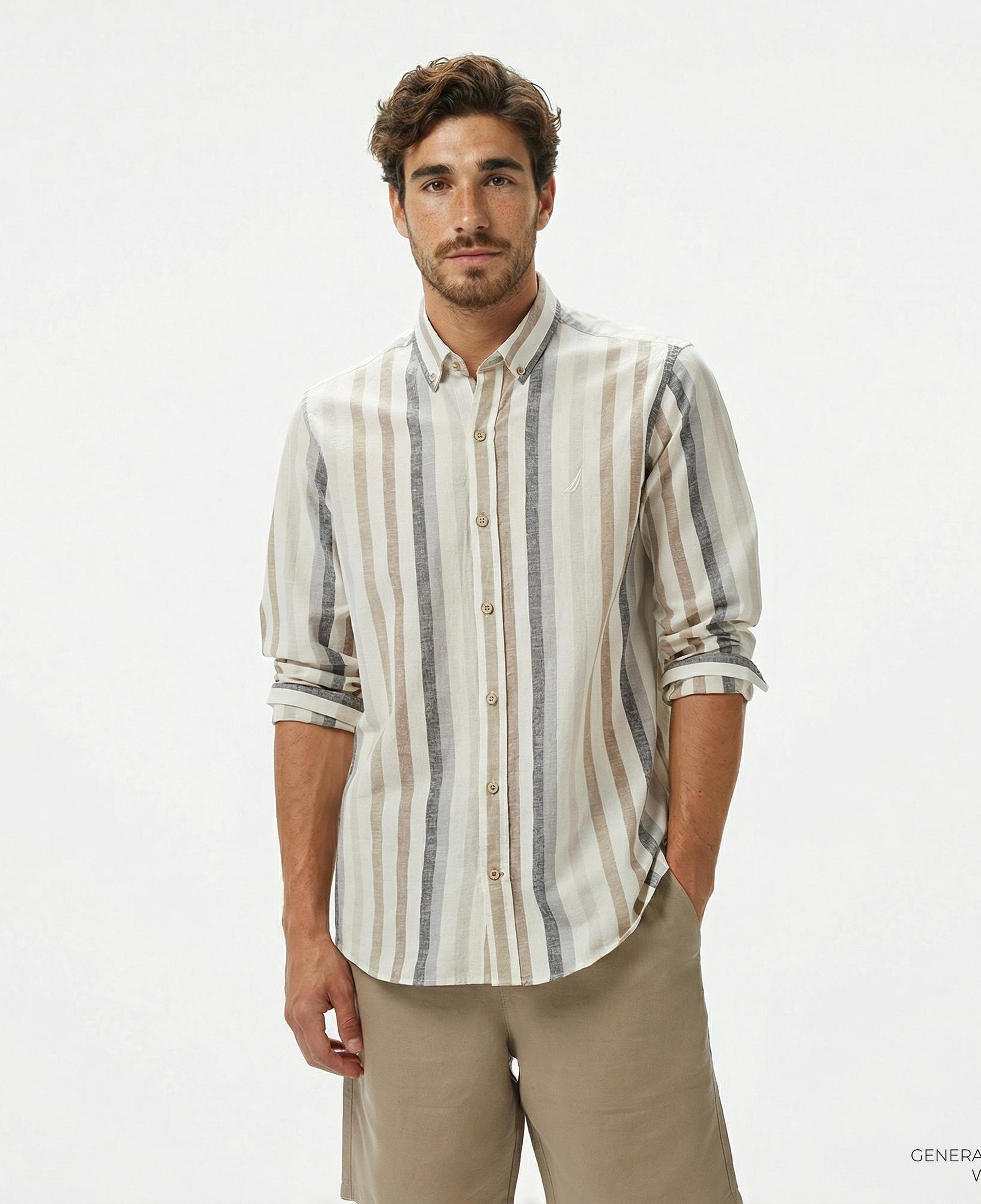 Nautica Erkek Kahverengi Classic Fit Çizgili Gömlek