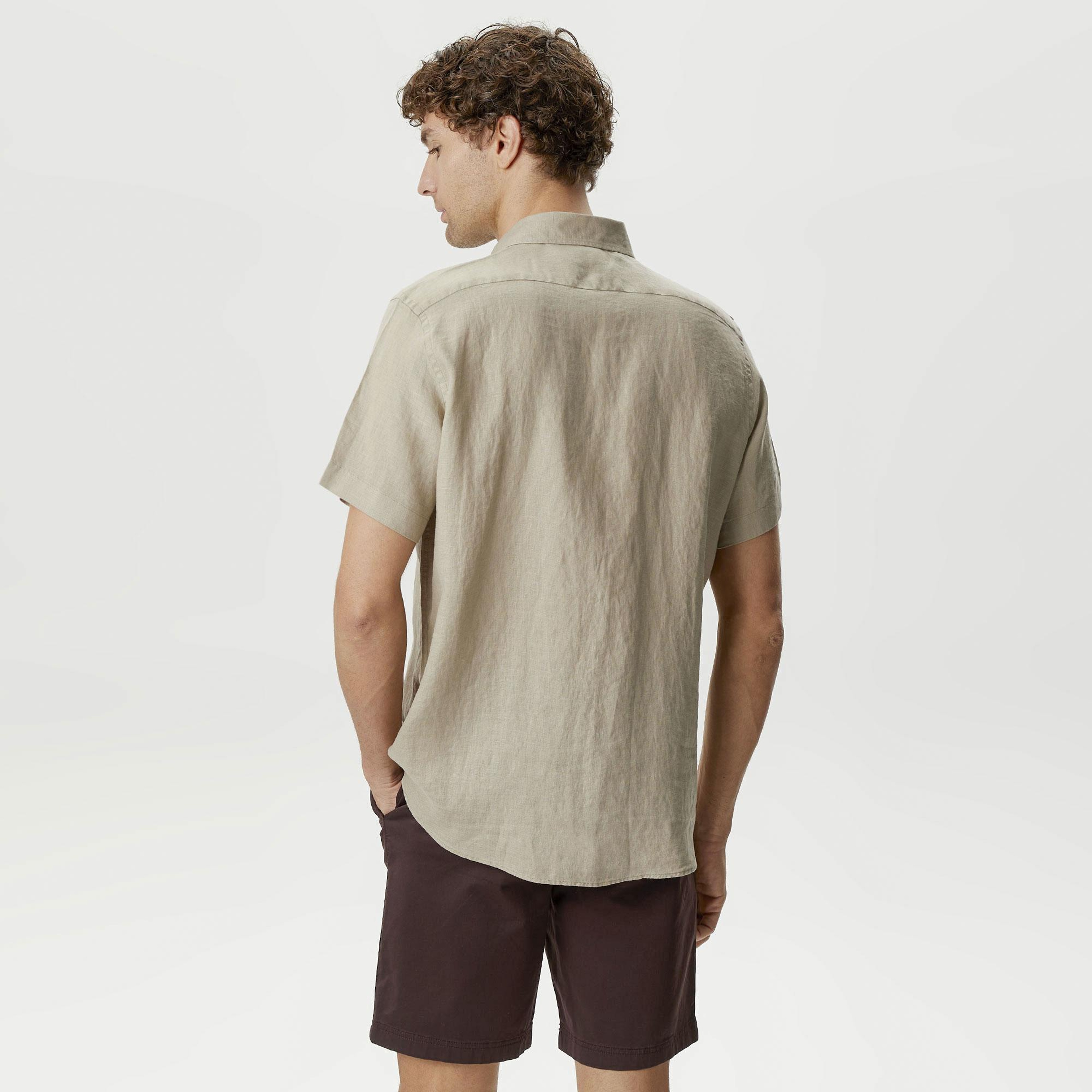 Nautica Erkek Bej Classic Fit Kısa Kollu Keten Gömlek