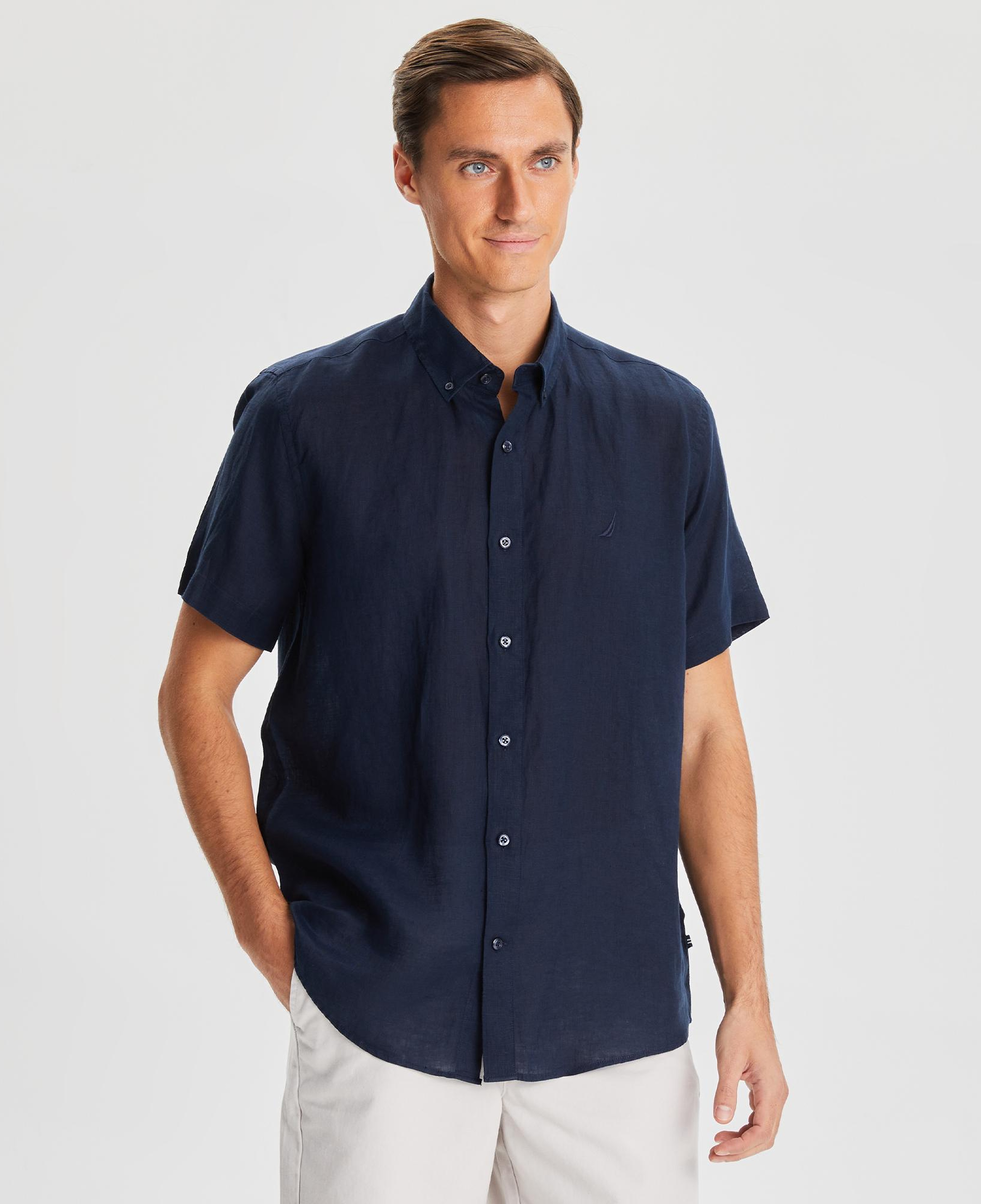 Nautica Erkek Lacivert Classic Fit Kısa Kollu Keten Gömlek