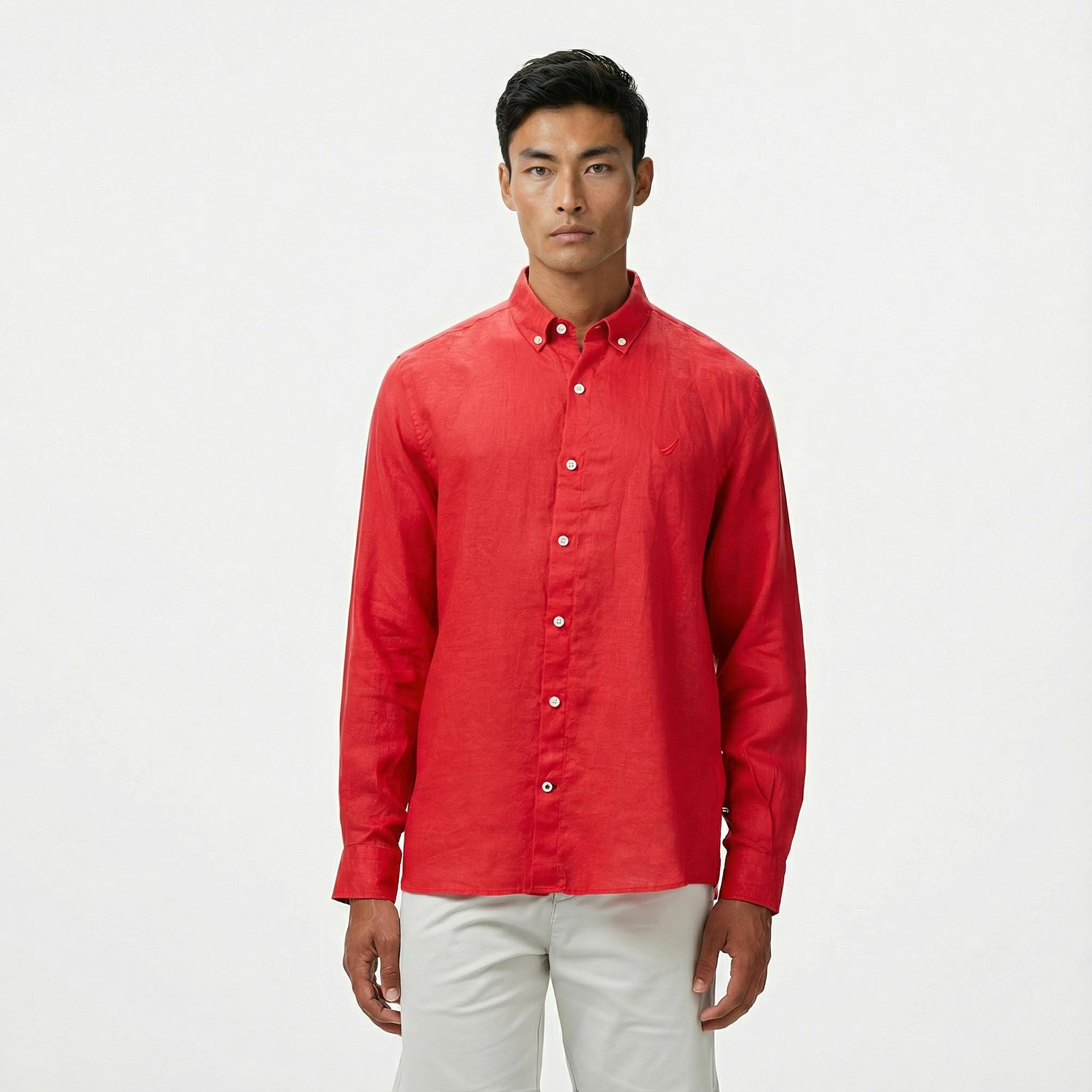 Nautica Erkek Kırmızı Classic Fit Keten Gömlek
