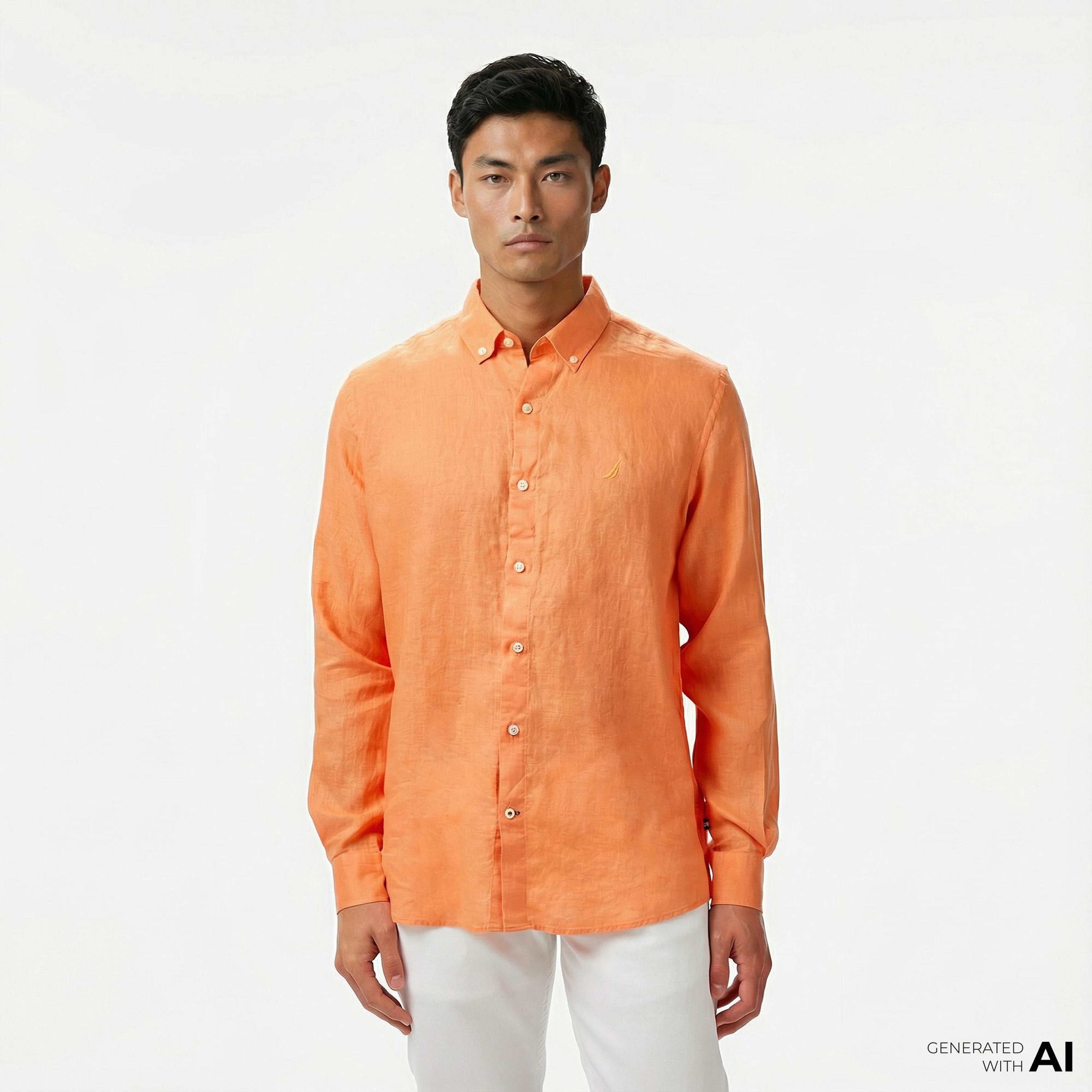 Nautica Erkek Turuncu Classic Fit Keten Gömlek