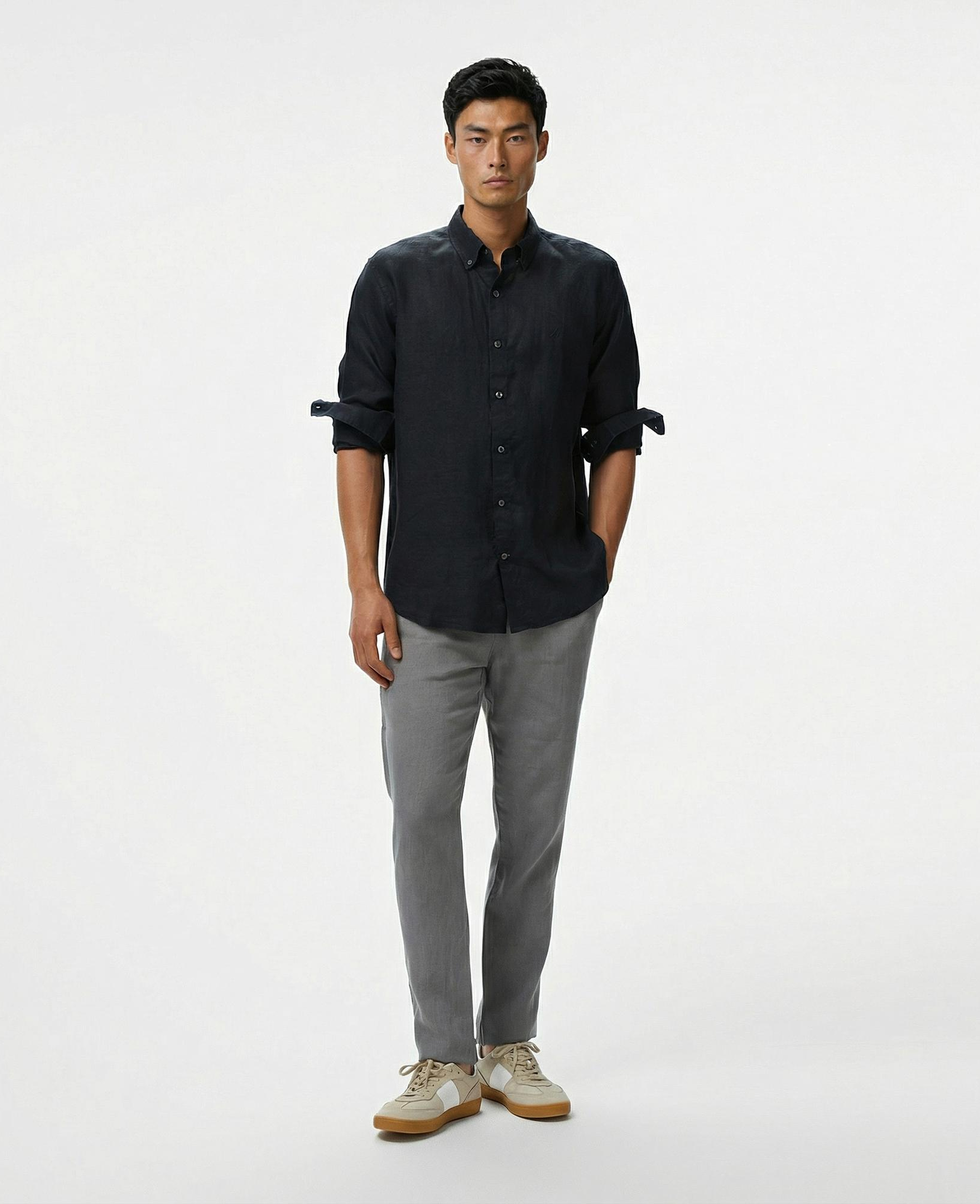 Nautica Erkek Siyah Classic Fit Keten Gömlek