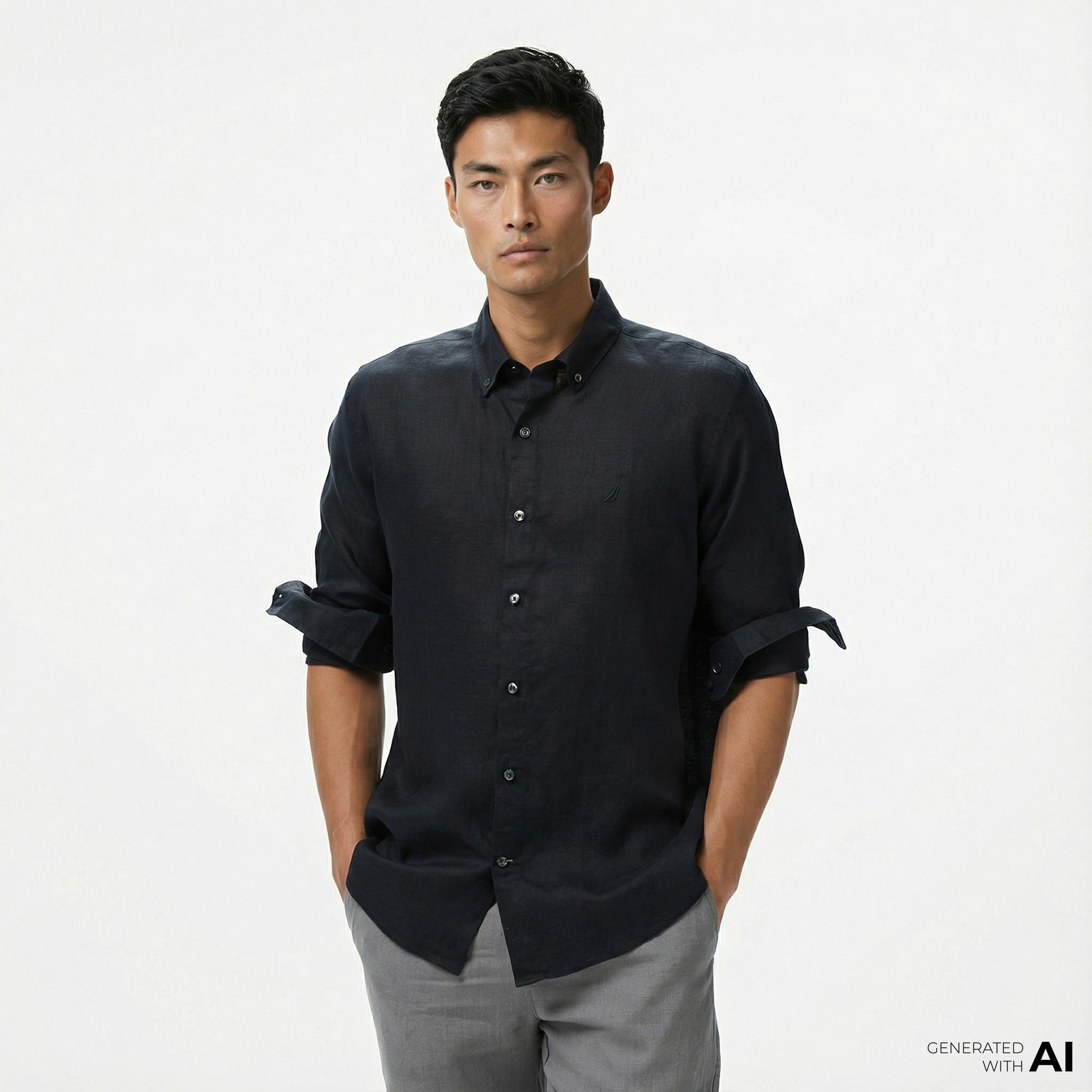 Nautica Erkek Siyah Classic Fit Keten Gömlek