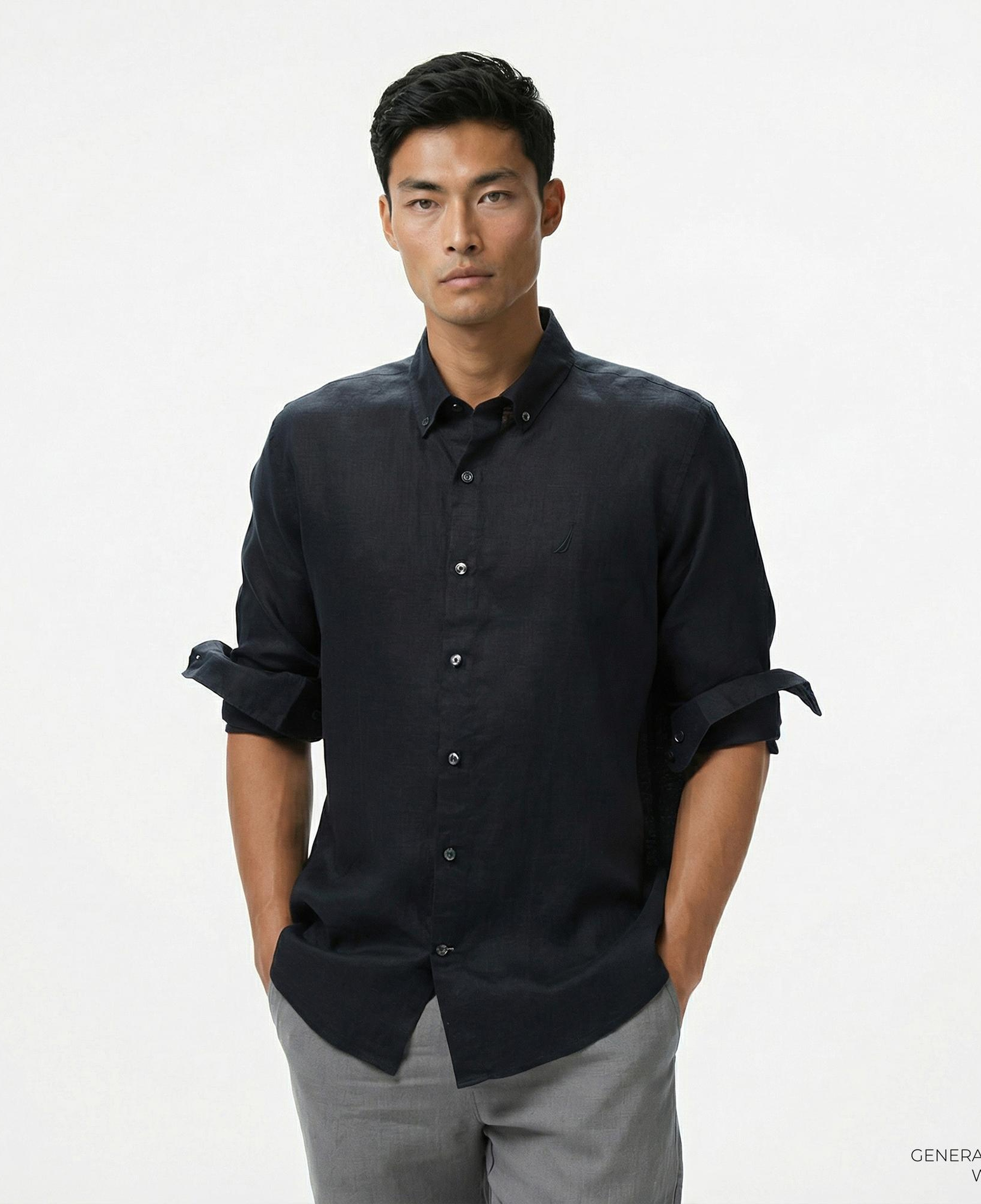 Nautica Erkek Siyah Classic Fit Keten Gömlek