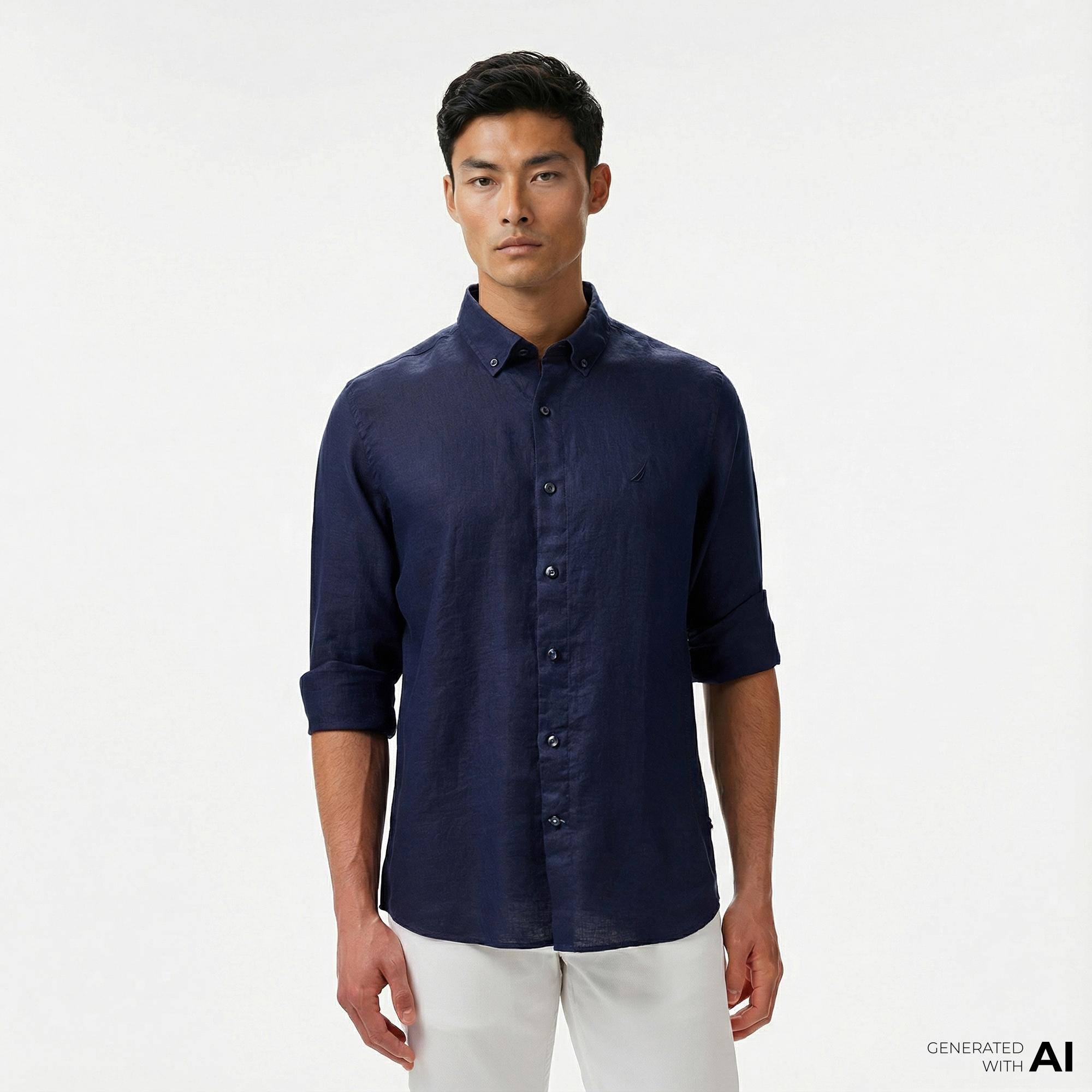Nautica Erkek Lacivert Classic Fit Keten Gömlek