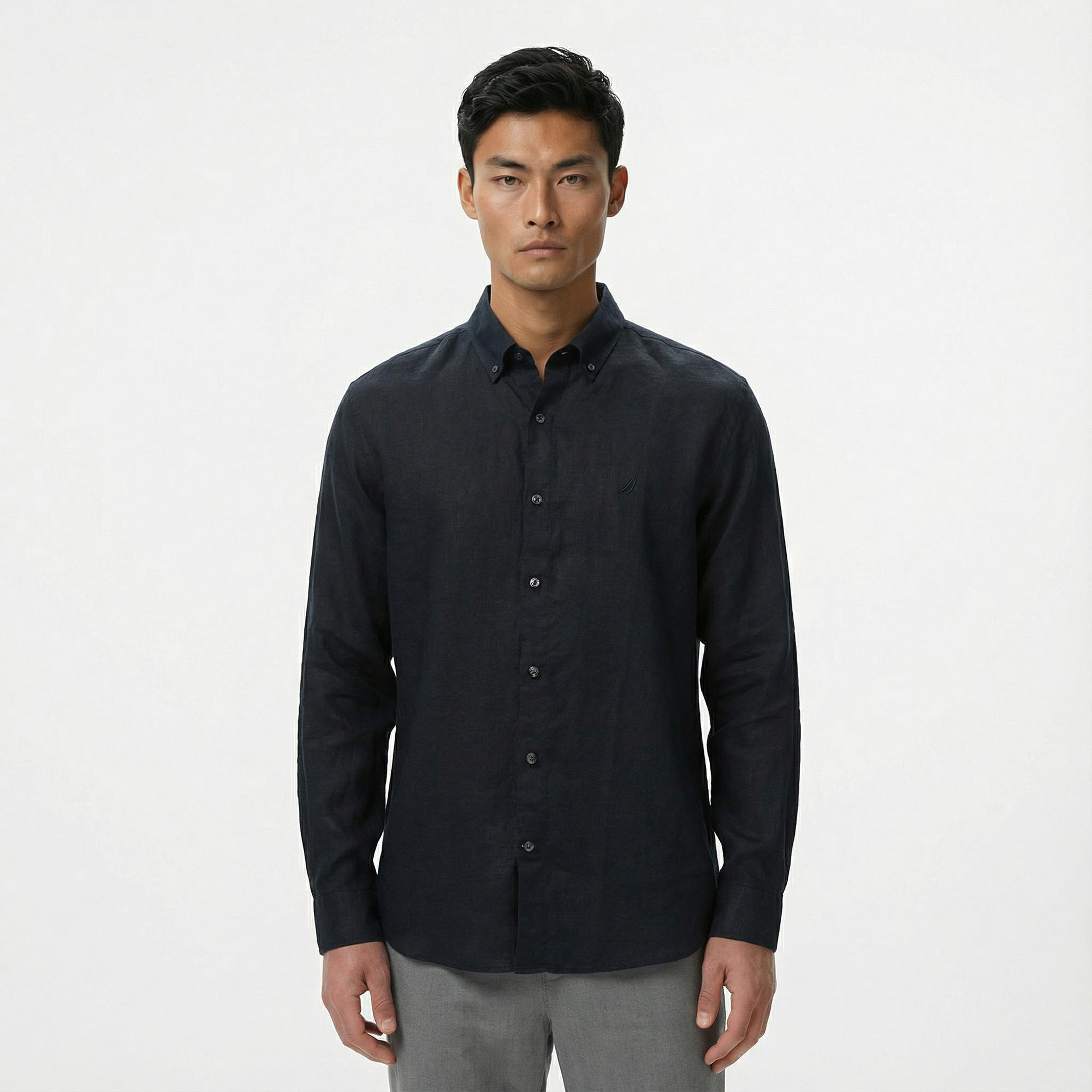 Nautica Erkek Siyah Classic Fit Keten Gömlek