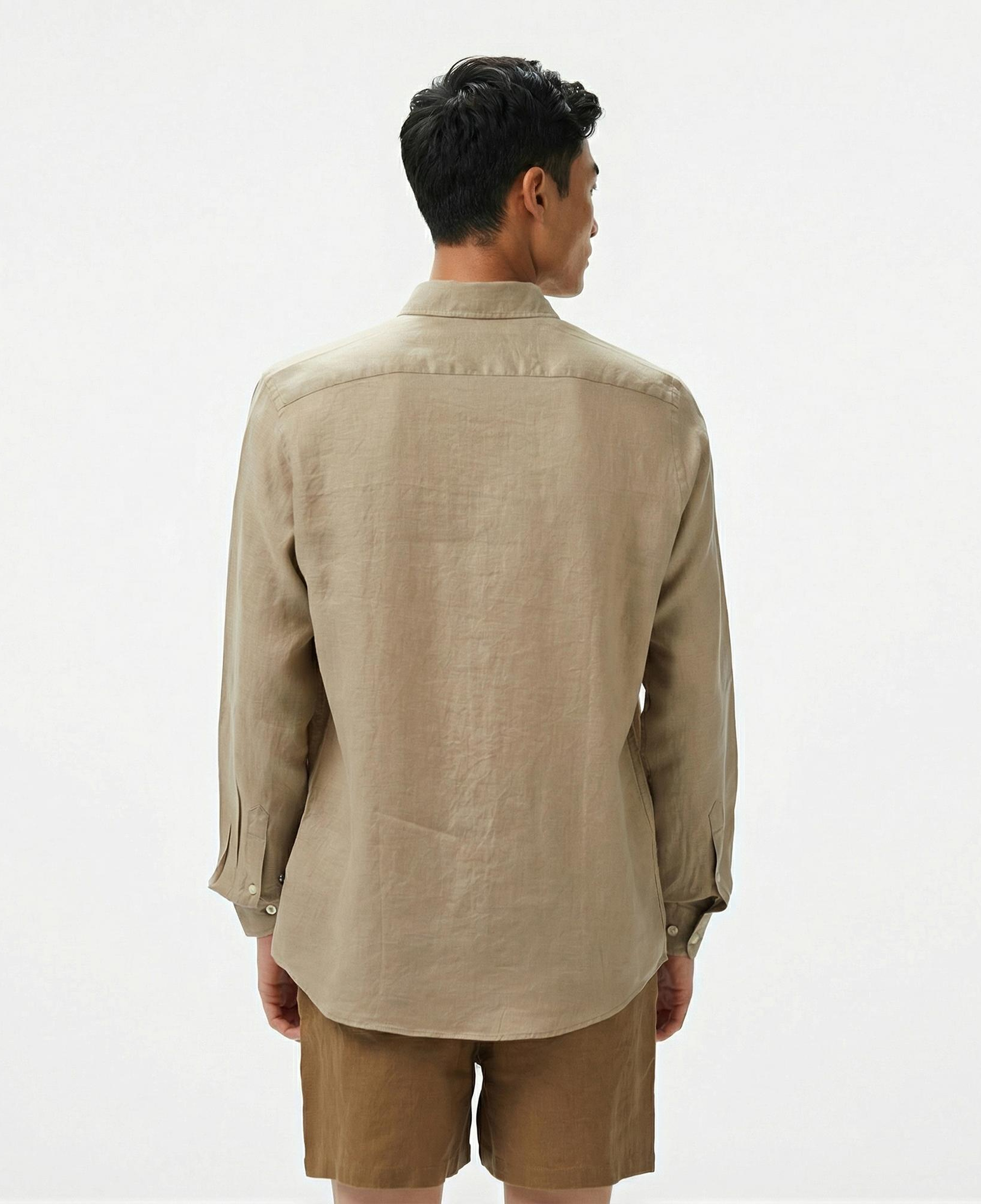 Nautica Erkek Bej Classic Fit Keten Gömlek