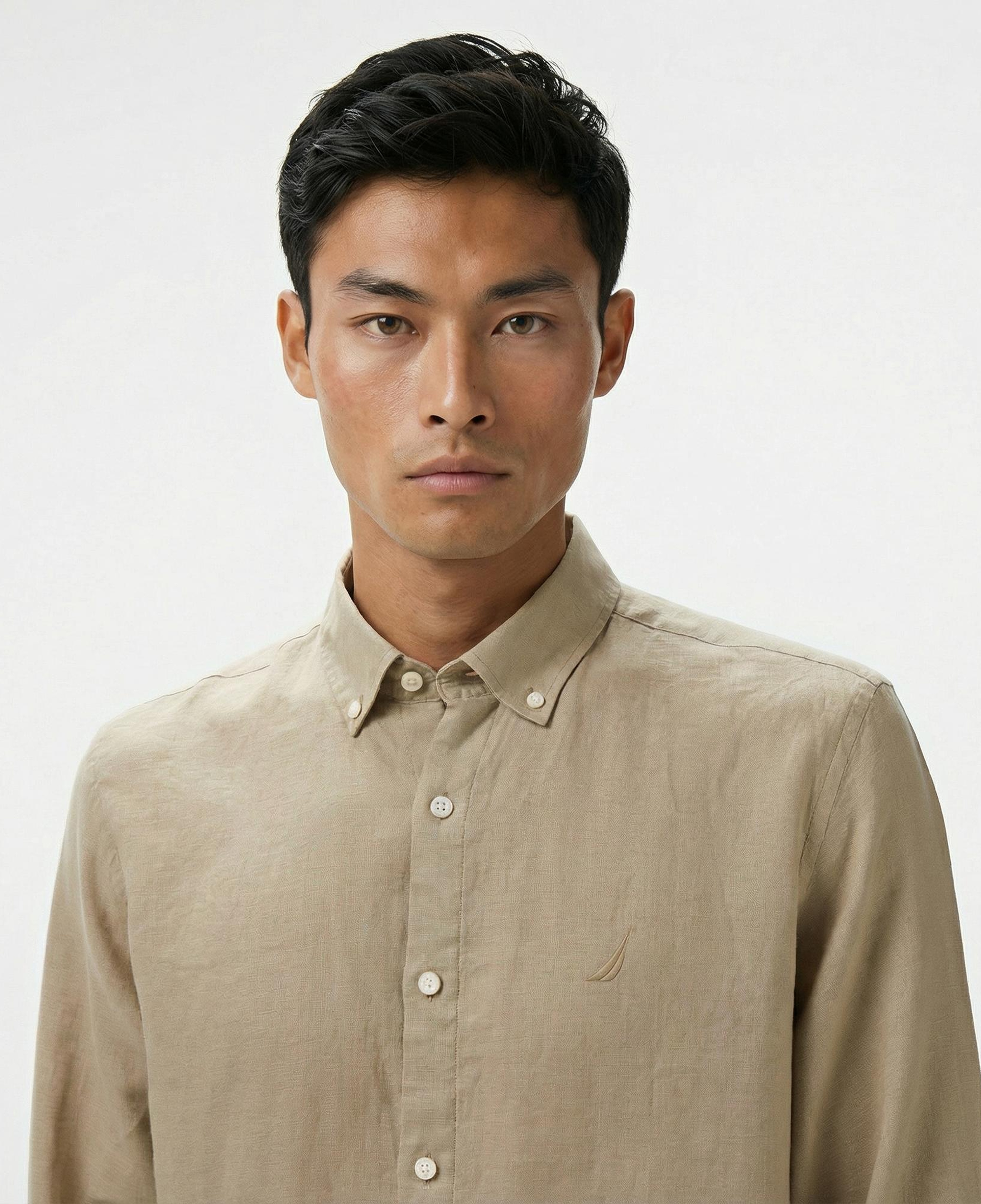 Nautica Erkek Bej Classic Fit Keten Gömlek