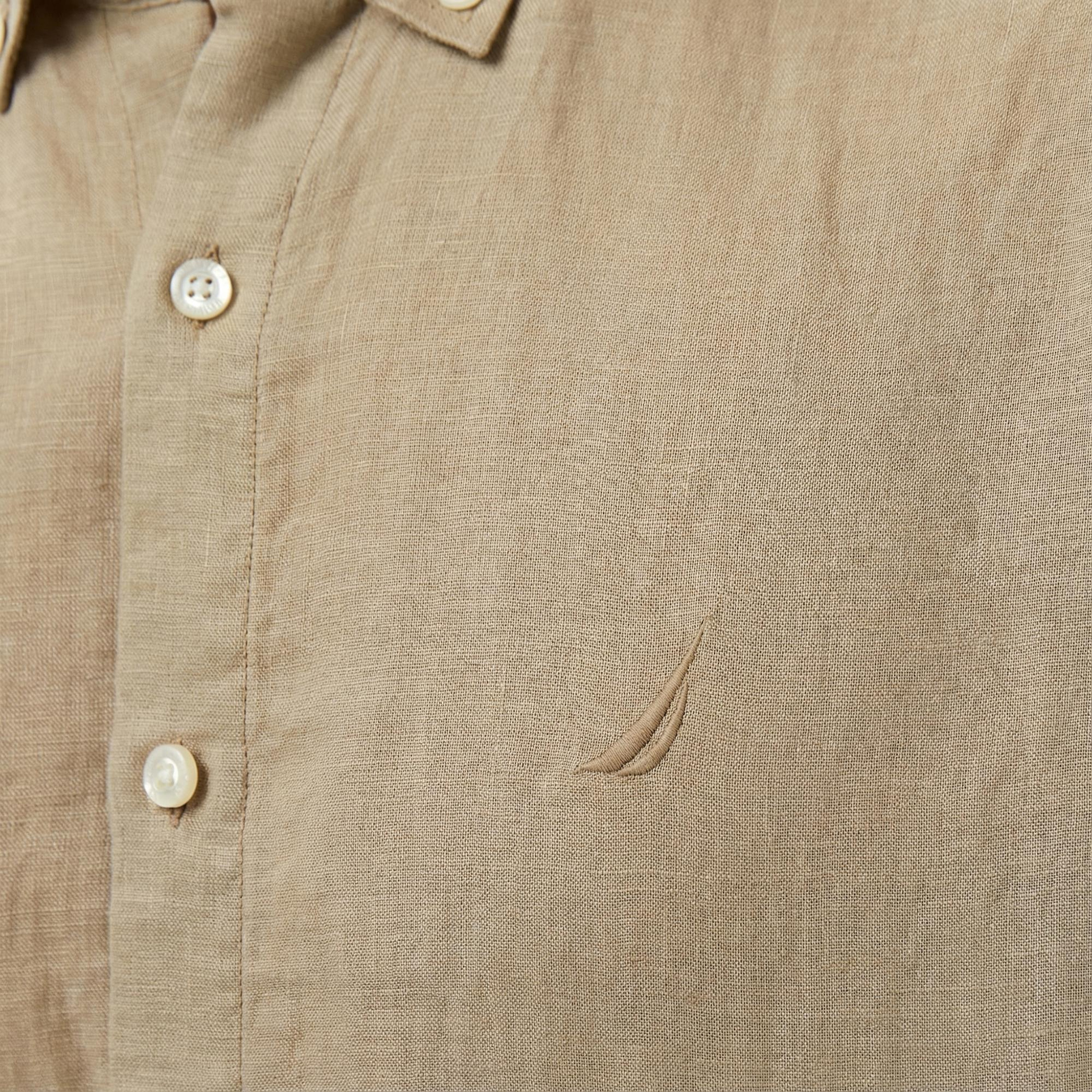 Nautica Erkek Bej Classic Fit Keten Gömlek