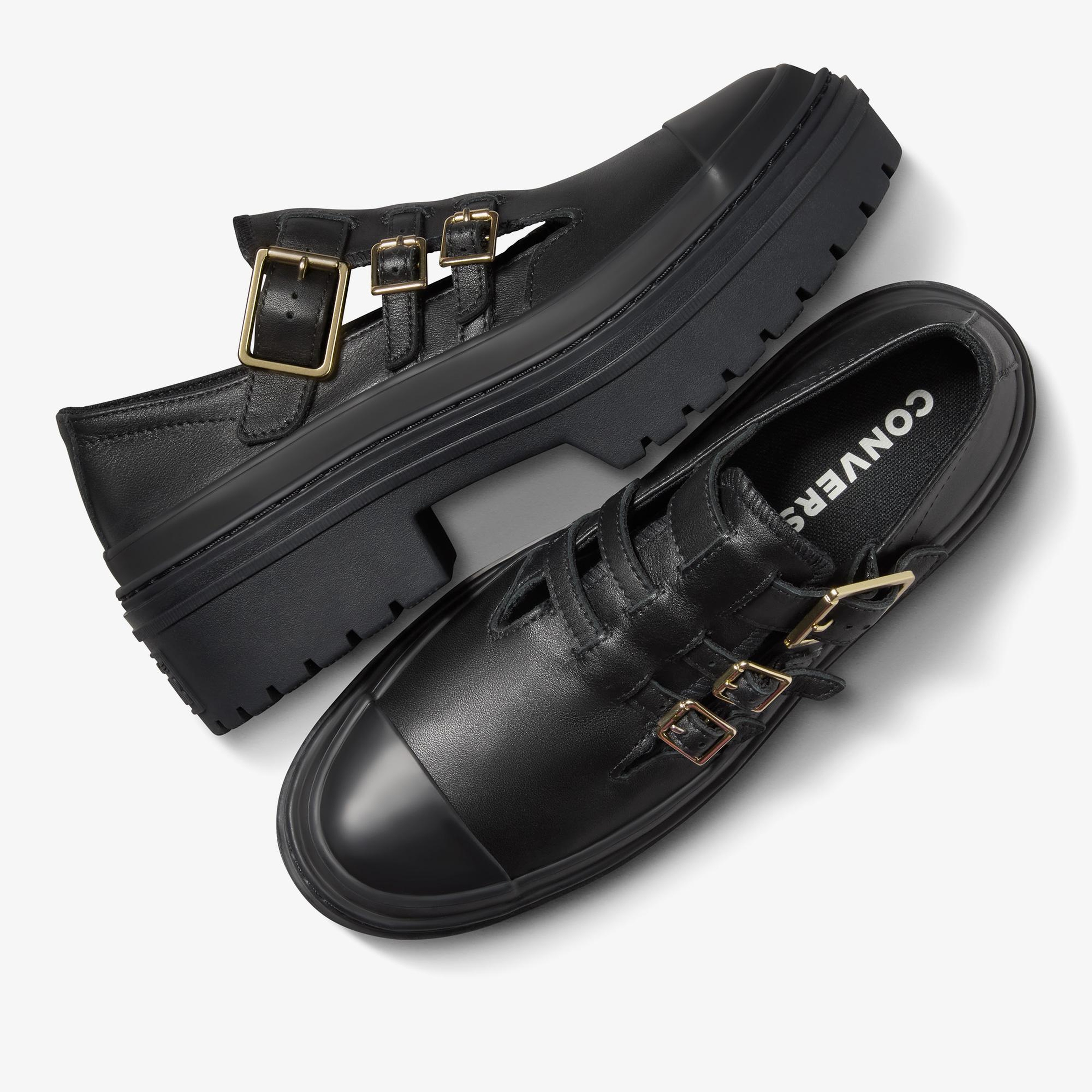 Converse Chuck Taylor All Star Lugged Heel Mary Jane Kadın Siyah Deri Platform Loafer Ayakkabı