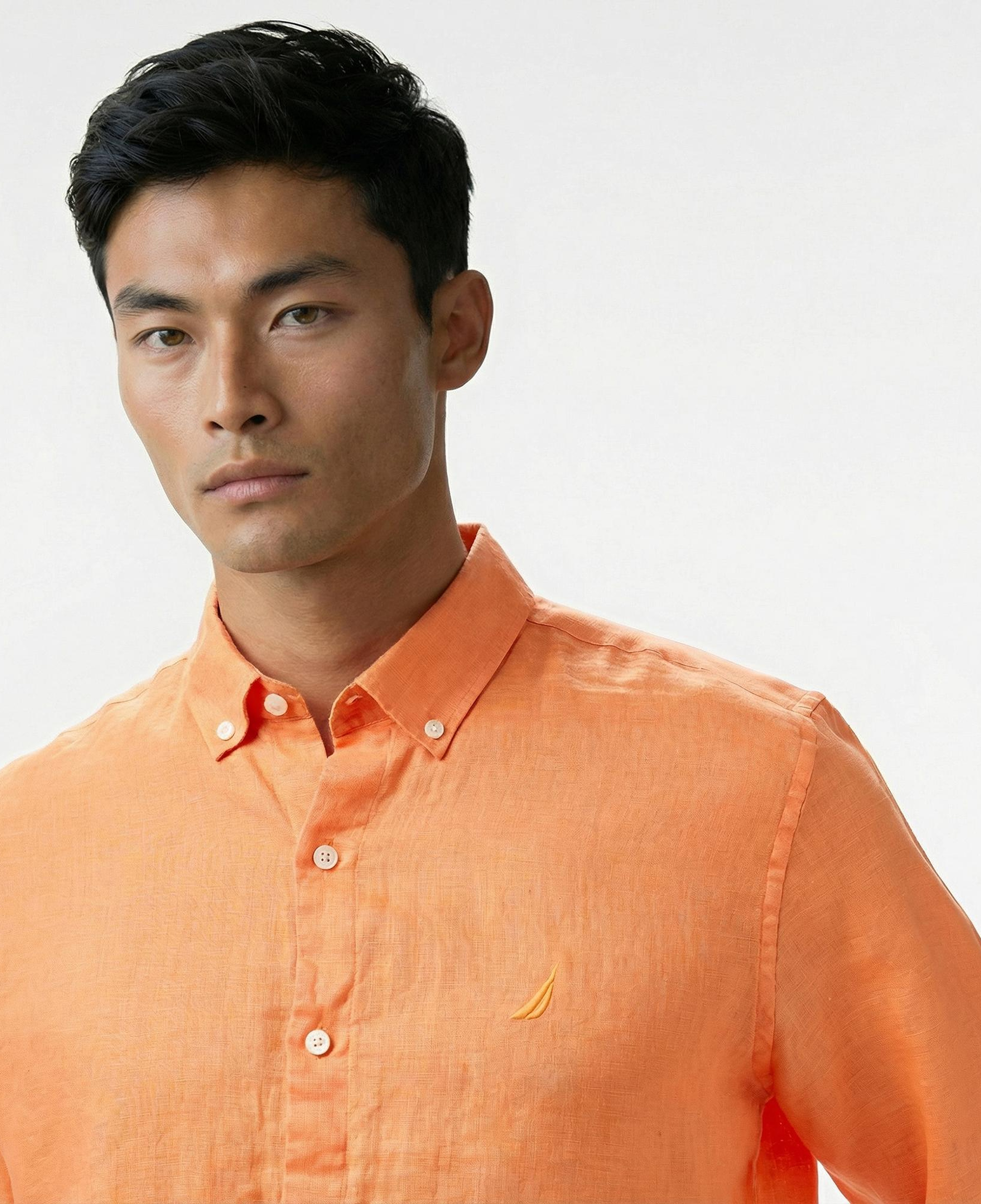 Nautica Erkek Turuncu Classic Fit Keten Gömlek