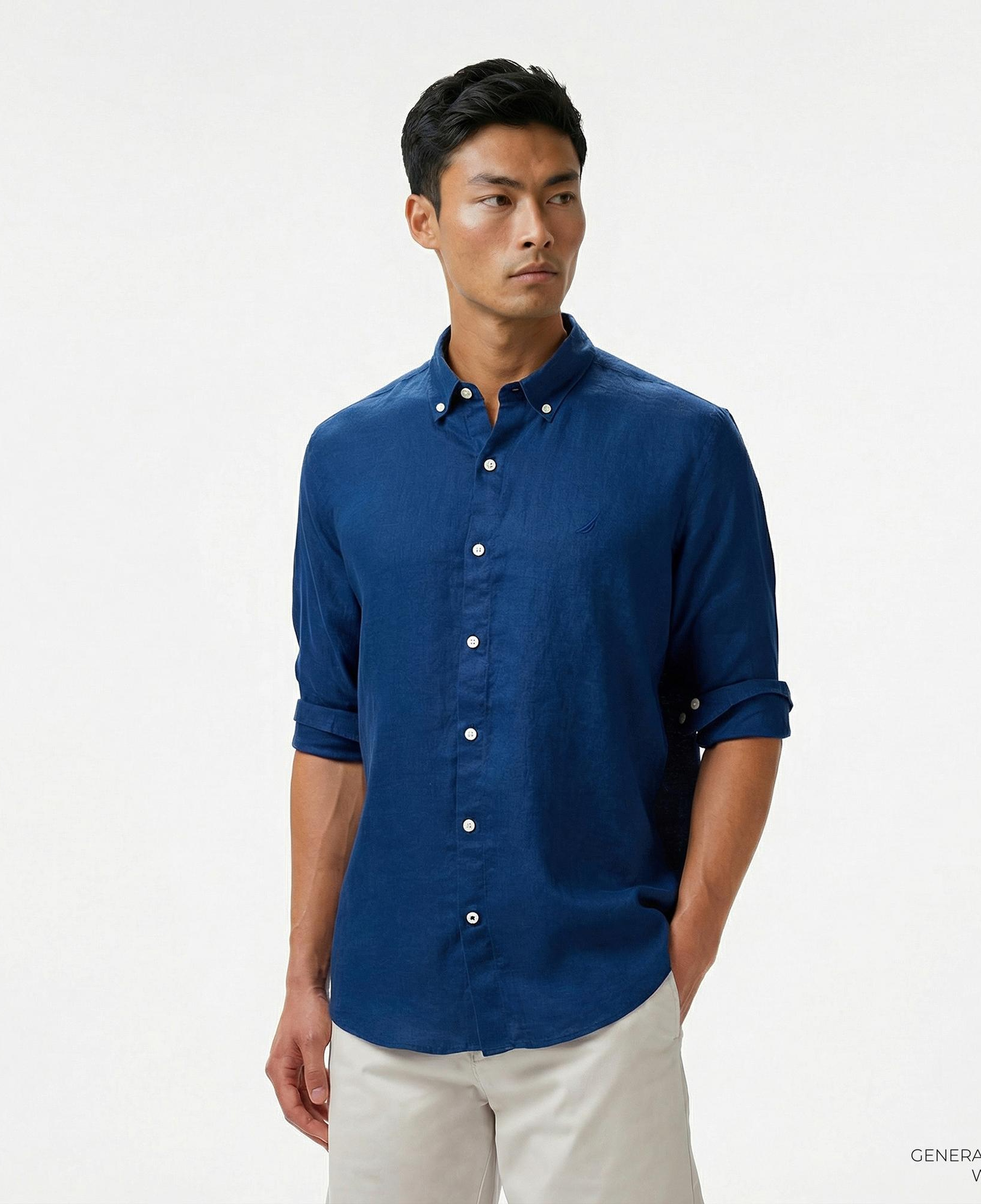 Nautica Erkek Mavi Classic Fit Keten Gömlek