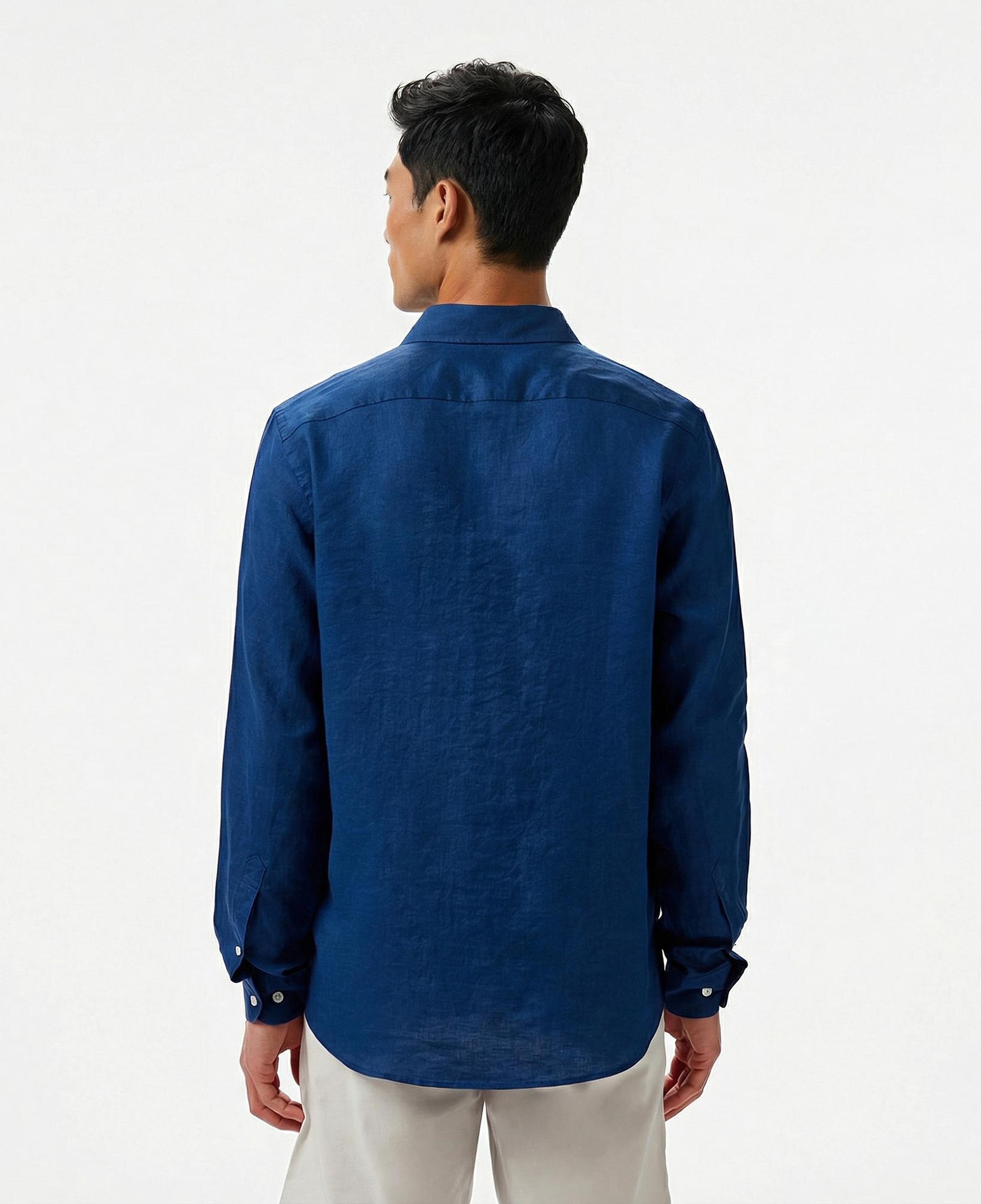 Nautica Erkek Mavi Classic Fit Keten Gömlek