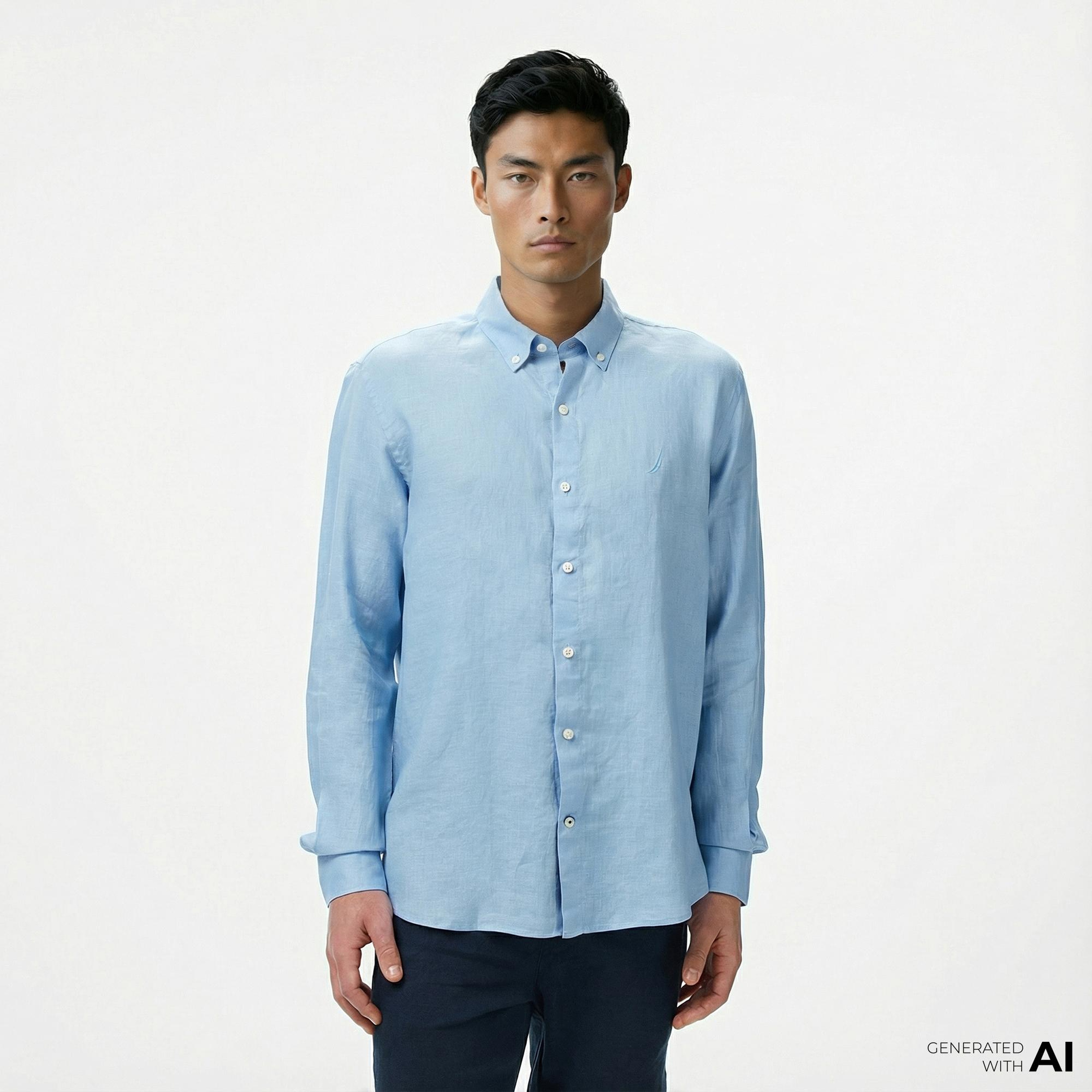 Nautica Erkek Mavi Classic Fit Keten Gömlek