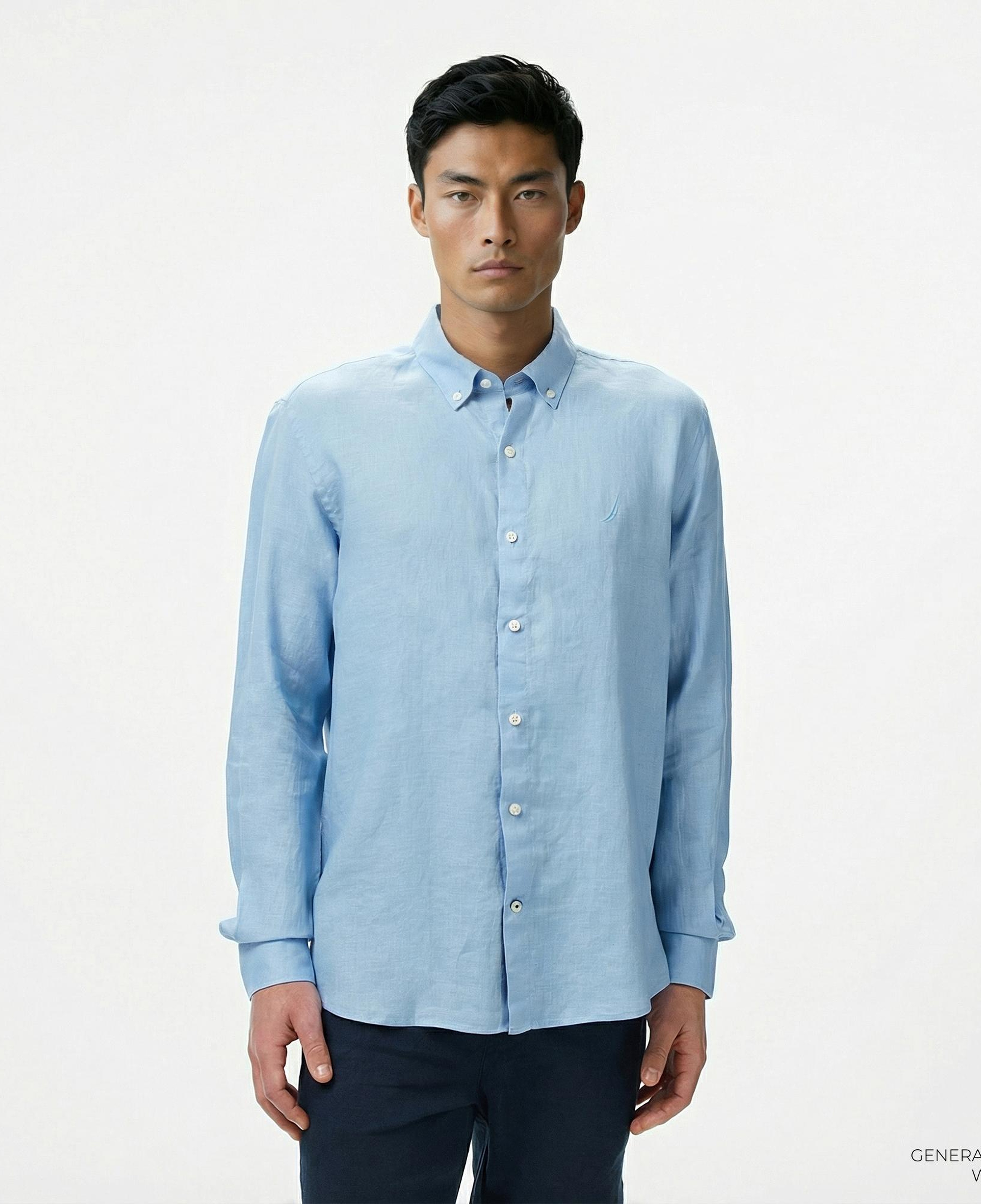 Nautica Erkek Mavi Classic Fit Keten Gömlek